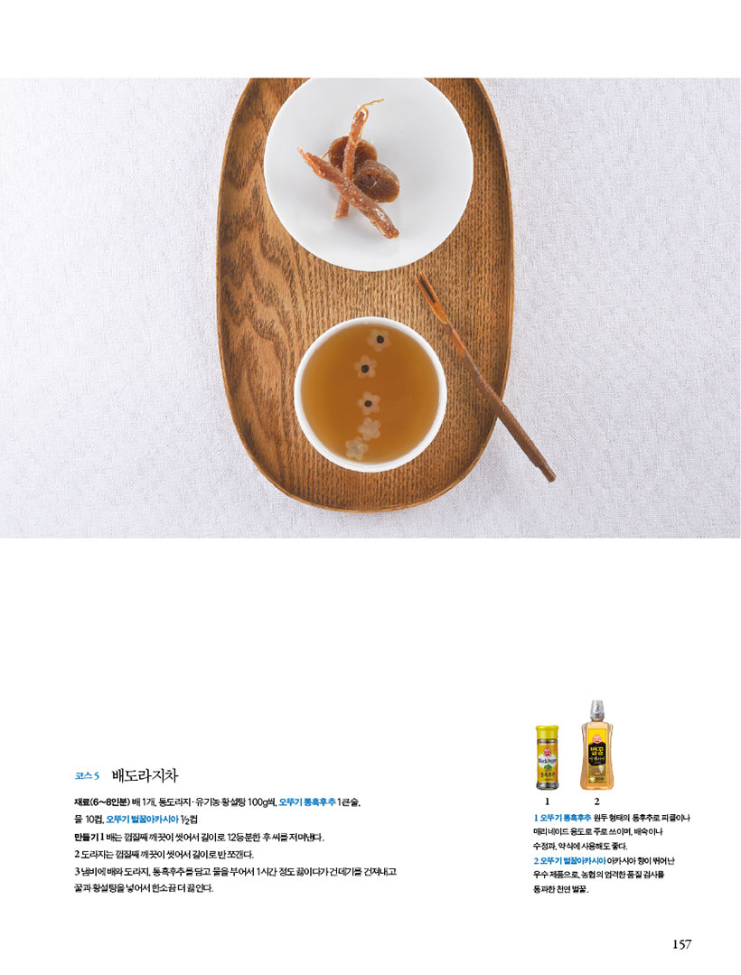 코스 5 배도라지차
재료(6~8인분) 배 1개, 통도라지ㆍ유기농 황설탕 100g씩, 오뚜기 통흑후추 1큰술, 물 10컵, 오뚜기 벌꿀아카시아 1/2컵 만들기
1 배는 껍질째 깨끗이 씻어서 길이로 12등분한 후 씨를 저며낸다.
2 도라지는껍질째깨끗이씻어서길이로반쪼갠다.
3 냄비에 배와 도라지, 통흑후추를 담고 물을 부어서 1시간 정도 끓이다가 건데기를 건져내고 꿀과 황설탕을 넣어서 한소끔 더 끓인다.