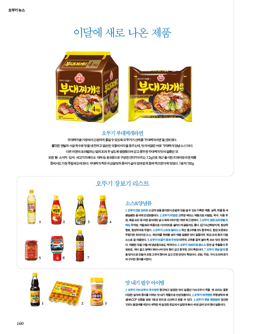 이달에 새로 나온 제품
오뚜기 부대찌개라면
부대찌개를 가정에서 간편하게 즐길 수 있도록 오뚜기가 신제품 ‘부대찌개라면’을 선보였다.
쫄깃한 면발과 사골 육수로 맛을 낸 진하고 얼큰한 국물이 미각을 돋우는데, 맛의 비결은 바로 ‘부대찌개 양념 소스’이다. 다른 라면의 조리법과는 달리 조리 후 넣도록 별첨했으며 깊고 풍부한 부대찌개 맛이 일품인 것.
또한 햄·소시지·김치·쇠고기프레이크·대파 등 총 8종으로 구성한 건더기수프는 7.2g으로 최근 출시한 프리미엄 라면 제품 중에서도 가장 푸짐해 눈에 띈다. 부대찌개 특유의 감칠맛과 풍미가 살아 있어 밥과 함께 먹으면 더욱 맛있다. 1봉지 130g.

오뚜기 장보기 리스트
소스&양념류
오뚜기간편요리초소금의 양을 줄이면서 손쉽게 맛을 낼수 있는 기특한 제품. 냉국피클동새 콤달콤한 음식에 안성맞춤이다. 2 오뚜기 비빔장고추장베이스 제품으로 비빔밥, 국수, 각종 무 침, 볶음요리 등 어떤 음식이든낳고쑥쑥 비비기만하면돼 간편하다. 3오뚜기 냉장오리엔탈드 레싱무지방, 저칼로리 제품으로 다이어트 샐러드에 곁들여도 좋다. EDTA산화방지제, 합성착 향료, 합성착색료 무첨가 4오뚜기스위트칠리소스 국산 홍고추를 8% 함유하고 합성보존료는 무첨가한 프리미엄 소스 파인애플 퓌레를 넣어 매콤달콤한 맛이 일품이며, 튀김요리등의 디핑 소스로 잘 어울린다. 5 오뚜기이기 중화두반장대두와 고추를 잘게 썰어록 쏘는 맛이 향긋하 다. 매콤한 맛을 더할 때 양념으로도 제격이다. 6오뚜기 프리미엄글소스 천연 추출물이주 원료로 색이 짙고광택이 뛰어나며 맛과 향이 깊고 풍부한 것이 특징이다. 7 오뚜기 옛날쌀엿전 동방식으로 만들어 조청 고유의 향미와 깊고 진한 맛이 특징이다. 조림, 무침,구이요리에 윤기 와구수한 풍미를 더한다.
맛내기 필수 아이템
1 오뚜기 가쓰오부시 국수장국 향긋하고 깔끔한 맛이 일품인 가쓰오부시 국물. 면 요리는 물론 다양한 입식에 풍미를 더하는 맛내기 제품으로 안성맞춤이다. 2 오뚜기깨끗한 무항생제와 해
HACCP 인증을 받은 1등급 란으로 신선하고 믿을 수 있다. 3 오뚜기 옛날 볶음침에 엄선한
100%동참깨깨끗이 세척한 뒤 일정한 온도에서 알맞게 볶아세번걸러 맛과 향이 일품이다.
