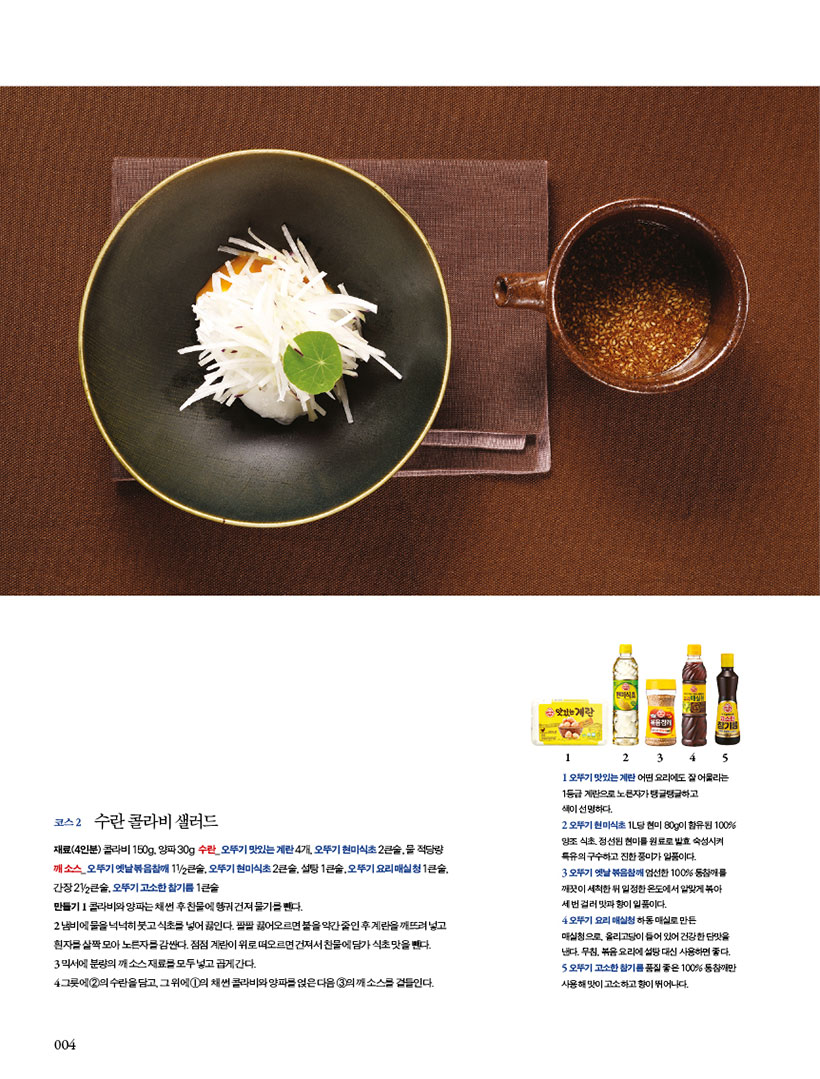 코스 2

수란 콜라비 샐러드

재료(4인분)콜라비150g,양파30g 수란_오뚜기맛있는계란4개,오뚜기현미식초2큰술,물적당량 깨 소스_ 오뚜기 옛날 볶음참깨 11/2큰술, 오뚜기 현미식초 2큰술, 설탕 1큰술, 오뚜기 요리 매실청 1큰술, 간장 21/2큰술, 오뚜기 고소한 참기름 1큰술

만들기 1 콜라비와 양파는 채 썬 후 찬물에 헹궈 건져 물기를 뺀다.

2 냄비에 물을 넉넉히 붓고 식초를 넣어 끓인다. 팔팔 끓어오르면 불을 약간 줄인 후 계란을 깨뜨려 넣고 흰자를 살짝 모아 노른자를 감싼다. 점점 계란이 위로 떠오르면 건져서 찬물에 담가 식초 맛을 뺀다.

3 믹서에 분량의 깨 소스 재료를 모두 넣고 곱게 간다.

4 그릇에 2의 수란을 담고, 그 위에 1의 채 썬 콜라비와 양파를 얹은 다음 3의 깨 소스를 곁들인다.