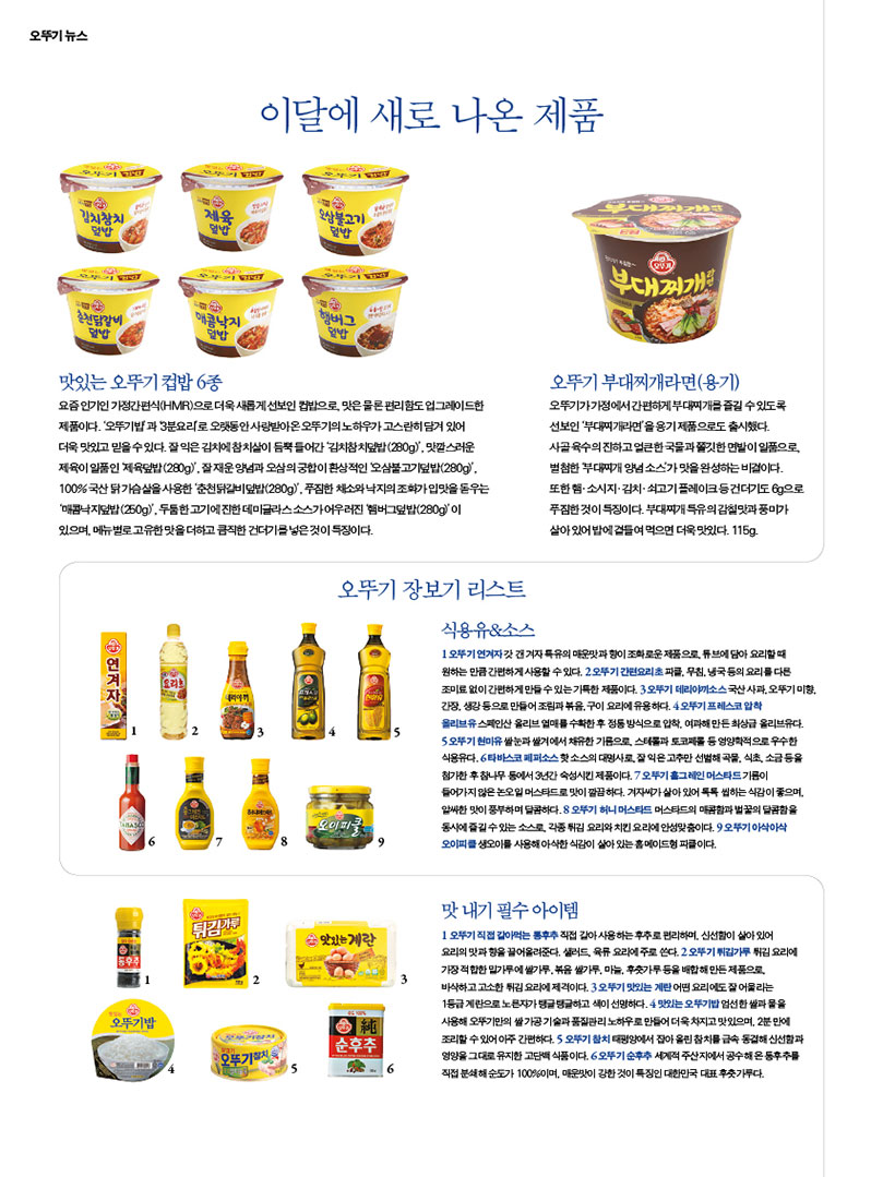 오뚜기 뉴스
이담에 새로 나온 제품
맛있는 오뚜기 컵밥 6종
요즘 인기인가정간편식(HMR)으로 더욱 새롭게 선보인 컵밥으로 맛은 물론 편리함도 업그레이드한 제품이다. 오뚜기밥과 3분요리로 오랫동안 사랑받아온오뚜기의 노하우가 고스란히 담겨 있어 더욱 맛있고믿을수있다. 잘 익은 김치참치살이 듬뿍들어간 김치참치덮밥(280g)', 맛깔스러운 제육이 일품인 제육덮밥(280g)', 잘 재운양념과 오삼의 궁합이 환상적인 오삼불고기덮밥(280g)', 100%국산 닭가슴살을 사용한 '춘천닭갈비덮밥(280g)', 푸짐한 채소와 낙지의 조화가 입맛을 돋우는 '매콤낙지덮밥(250g)'. 두툼한 고기에 진한데미글라스소스가 어우러진 '햄버그덮밥(280g)'이
있으며, 메뉴별로고유한 맛을더하고 큼직한 건더기를 넣은것이 특징이다.
오뚜기 부대찌개라면(용기)
오뚜기가가정에서 간편하게부대찌개를 즐길 수 있도록 선보인 '부대찌개라면'을옹기제품으로도 출시했다. 사골육수진하고 얼큰한국물과 쫄깃한 면발이 일품으로 별첨한 부대찌개양념소스가 맛을 완성하는 비결이다.
또한햄·소시지·김치·쇠고기플레이크등건더기도 6g으로 푸짐한 것이 특징이다. 부대찌개 특유의 감칠맛과 풍미가 살아있어 밥에 곁들여 먹으면 더욱 맛있다. 115g-
연기자
요리
오뚜기 장보기 리스트
식용유&소스
오뚜기 연겨자갓겨자 특유의 매운맛과 향이 조화로운 제품으로 튜브에 담아 요리할때 원하는만큼간편하게 사용할 수 있다. 2 오뚜기 간편요리초파클, 무침, 냉국등의 요리를 다른 조미료 없이 간편하게만들수있는가득한 제품이다. 3오뚜기 데리야끼소스국산 사과.오뚜기미향, 간장, 생강 등으로 만들어 조림과볶음,구이요리에 유용하다. 4오뚜기 프레스코압착
올리브유스페인산 올리브 열매를 수확한 후 정동방식으로 입학, 여과해 만든 최상급 올리브유다 오뚜기 현미유쌀눈쌀겨에서 유한기용으로 스타토코 등 영양학적으로 우수한 식용유다. 타바스코 페퍼소스 핫소스의 대명사로 잘익은고추만 선별해 곡물, 식초, 소금 등을 첨가한 후 참나무 등에서 3년간 숙성시킨 제품이다. 오뚜기 홀그레인 머스타드기름이
들어가지 않은 논오일 머스타드로 맛이 깔끔하다. 겨자씨가 살아 있어 톡톡 씹히는 식감이 좋으며,

알싸한 맛이 풍부하며 달콤하다. 8오뚜기 허니머스타드 머스타드의 매콤함과 벌꿀의 달콤함을 동시에 즐길수있는 소스로 각종 튀김 요리와 치킨요리에 안성맞춤이다. 오뚜기 아삭아삭 오이피클오이를 사용해 아삭한 식감이 살아있는 홈메이드헝파클이다.

맛내기 필수아이템
1오뚜기직접 갈아먹는 통후추 직접 갈아 사용하는 후추로 관리하며 신선함이 살아있어 요리의 맛과 향을 끌어올려준다. 샐러드, 육류요리에 주로 쓴다. 2 오뚜기 튀김가루 튀김요리에 가장 적합한 밀가루에 쌀가루볶음 쌀가루, 마늘, 후춧가루등을 배합해 만든제품으로 바삭하고 고소한 튀김요리에 제격이다. 3오뚜기 맛있는 계란어떤 요리에도 잘어울리는 1등급계란노른자가 탱글탱글하고 색이 선명하다. 4 맛있는 오뚜기밥엄선한쌈과물을 사용해오뚜기만의 쌀가공기술과 품질관리 노하우로 만들어 더욱차지고 맛있으며, 2분만에 조리할수있어 아주 간편하다. 5 오뚜기참치 잡아올린 참치를 급속동결해 신선함과 에서 영양을 그대로 유지한 고단백 식품이다. 6오뚜기순후추 세계적 주산지에서 공수해온동후추를
직접분쇄해순도 100%이며 매운맛이 강한것이 특징인 대한민국 대표후춧가루다
