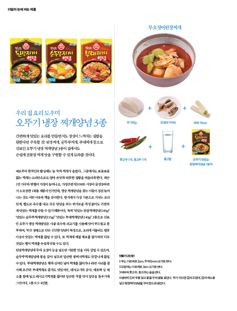 이달의 눈에 띄는 제품

우리집 요리도우미
오뚜기 냉장찌개양념 3종

간편하게 맛있는요리를 만들면서도 정성이느껴지는 집밥을 원한다면 주목할 것! 된장찌개, 순두부찌개, 부대찌개 등으로 선보인 오뚜기 냉장찌개양념 3종이 집에서도
손쉽게 전문점 찌개 맛을 구현할 수 있게 도와줄 것이다.
예로부터 한국인의 밥상에는 늘 국과 찌개가 올랐다. 그중에서도 보글보글 끓는찌는소리만으로도 엄마손맛과 따뜻한 집밥을 떠올리게 한다. 최근 1인가구와 맞벌이 가정이 늘어나고 가정간편식(HMR) 시장이 급성장하면 서소포장한 1회용 제품이 인기인데, 냉장찌개양념을 찾는 이들이 점점 늘어 나는것도 이런 이유와 맥을 같이한다. 한식에서 가장 기본으로 거치는요리 단계 별도로 육수를 내고 갖은 양념을 하는 번거로운 과정 없이도 간편하 게맛있는찌개를 만들수있기 때문이다. 특히 맛있는 된장찌개양념(140g) 맛있는 순두부찌개양념(115g) "맛있는 부대찌개양념(140g)' 3종으로 선보 인 오뚜기 냉장찌개양념은 사골육수와 쇠고기를 사용해 맛이 부드럽고 풍 부하며 국산 생채소로 만든 신선한 양념이 특징으로, 요리에 서툴러도 평균 이상의 맛있는찌개를 끓일수 있다. 또 찌개에 제철 재료를 첨가하면 더욱 맛있는 별미찌개를 손쉽게 만들수도있다.
된장찌개양념에 무와 오징어 등을 넣으면 시원한 맛을 더욱 살릴 수 있으며, 순두부찌개양념에 콩을 갈아 넣으면 얼큰한 콩비지찌개도 맛깔나게 끓일 수있다. 부대찌개양념은 햄과 김치만 넣어 찌개를 끓이거나 라면 사리를 첨 가해 초간단 부대찌개로 즐겨도 맛있지만, 돼지고기와 감자, 애호박 등 채 소를 함께 넣고 돼지고기찌개를 끓이면 얼큰한 국물맛이 입맛을 돋우기에 그만이다. 1봉지 3~4인분.
무오징어된장찌개
만들기(2인분)
1무는 가로세로2cm, 두께 5mm크기로 썬다. 2오징어는가로세로 3m 크기로 썬다.
3대파와 풋고추, 홍고추는 송송 썬다.
4냄비에 1의무를 담고물을 부어 팔팔 끓인다. 무가 익으면 2의 오징어채소를 넣고된장찌개양념을 부어 한소끔 끓인다.
