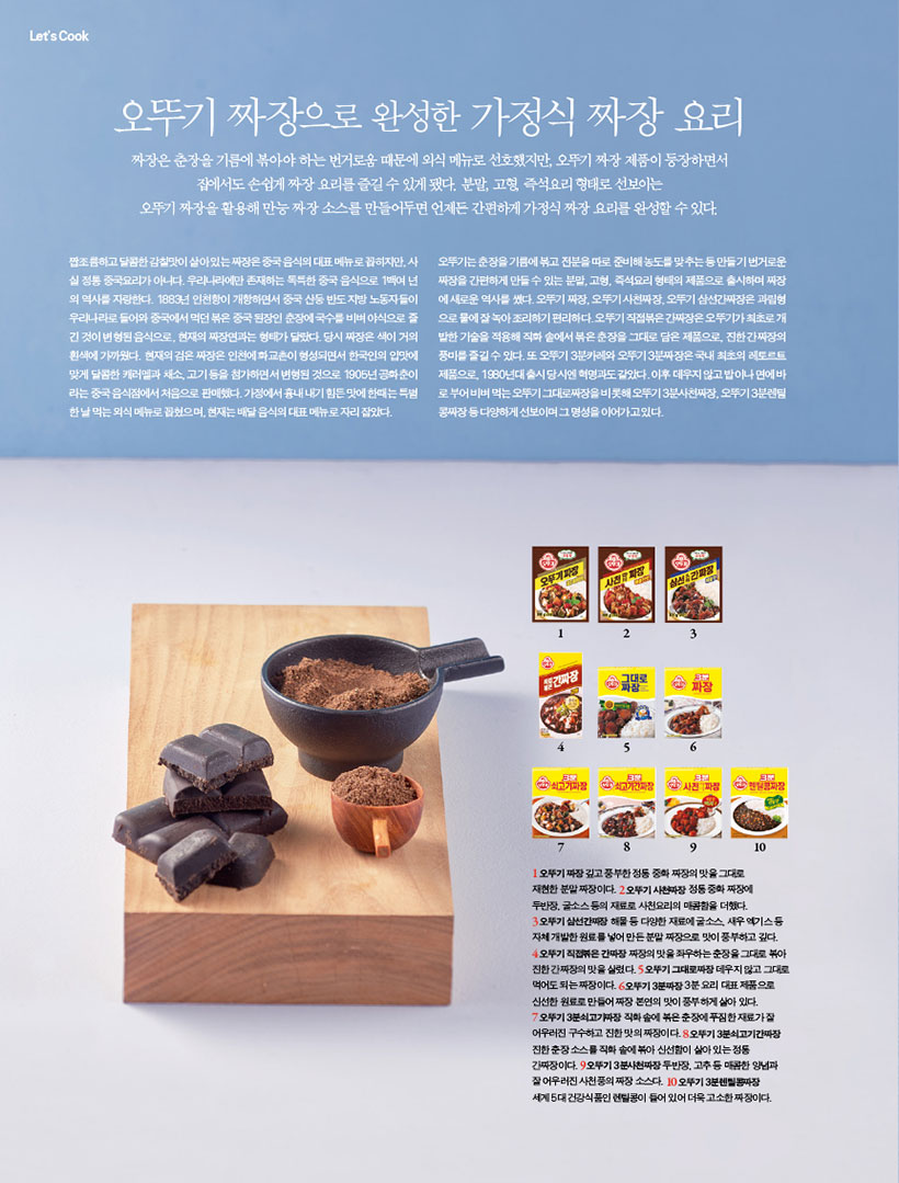 오뚜기 짜장으로 완성한 가정식 짜장 요리

짜장은 춘장을 기름에 볶아야 하는 번거로움 때문에 외식 메뉴로 선호했지만, 오뚜기 짜장 제품이 등장하면서 집에서도 손쉽게 짜장 요리를 즐길 수 있게 됐다. 분말, 고형, 즉석요리 형태로 선보이는 오뚜기 짜장을 활용해 만능 짜장 소스를 만들어두면 언제든 간편하게 가정식 짜장 요리를 완성할 수 있다.

짭조름하고 달콤한 감칠맛이 살아 있는 짜장은 중국 음식의 대표 메뉴로 꼽히지만, 사 실 정통 중국요리가 아니다. 우리나라에만 존재하는 독특한 중국 음식으로 1백여 년 의 역사를 자랑한다. 1883년 인천항이 개항하면서 중국 산둥 반도 지방 노동자들이 우리나라로 들어와 중국에서 먹던 볶은 중국 된장인 춘장에 국수를 비벼 야식으로 즐 긴 것이 변형된 음식으로, 현재의 짜장면과는 형태가 달랐다. 당시 짜장은 색이 거의 흰색에 가까웠다. 현재의 검은 짜장은 인천에 화교촌이 형성되면서 한국인의 입맛에 맞게 달콤한 캐러멜과 채소, 고기 등을 첨가하면서 변형된 것으로 1905년 공화춘이 라는 중국 음식점에서 처음으로 판매했다. 가정에서 흉내 내기 힘든 맛에 한때는 특별 한 날 먹는 외식 메뉴로 꼽혔으며, 현재는 배달 음식의 대표 메뉴로 자리 잡았다.

오뚜기는 춘장을 기름에 볶고 전분을 따로 준비해 농도를 맞추는 등 만들기 번거로운 짜장을 간편하게 만들 수 있는 분말, 고형, 즉석요리 형태의 제품으로 출시하며 짜장 에 새로운 역사를 썼다. 오뚜기 짜장, 오뚜기 사천짜장, 오뚜기 삼선간짜장은 과립형 으로 물에 잘 녹아 조리하기 편리하다. 오뚜기 직접볶은 간짜장은 오뚜기가 최초로 개 발한 기술을 적용해 직화 솥에서 볶은 춘장을 그대로 담은 제품으로, 진한 간짜장의 풍미를 즐길 수 있다. 또 오뚜기 3분카레와 오뚜기 3분짜장은 국내 최초의 레토르트 제품으로, 1980년대 출시 당시엔 혁명과도 같았다. 이후 데우지 않고 밥이나 면에 바 로 부어 비벼 먹는 오뚜기 그대로짜장을 비롯해 오뚜기 3분사천짜장, 오뚜기 3분렌틸 콩짜장 등 다양하게 선보이며 그 명성을 이어가고 있다.
