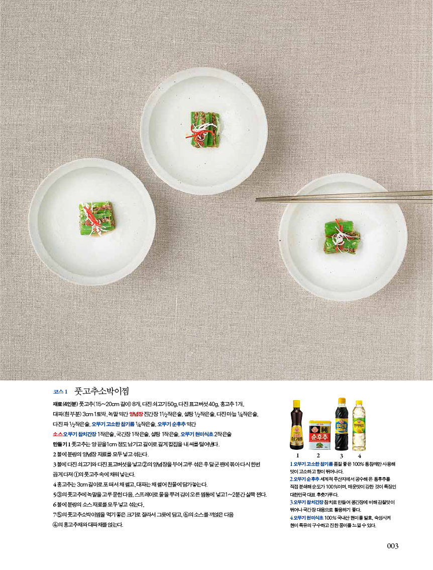 코스 1 풋고추소박이찜

재료(4인분)풋고추(15~20cm길이)8개,다진쇠고기50g,다진표고버섯40g,홍고추1개,

대파(흰 부분) 3cm 1토막, 녹말 약간 양념장 진간장 11/2작은술, 설탕 1/2작은술, 다진 마늘 1/4작은술, 다진 파 1/2작은술, 오뚜기 고소한 참기름 1/4작은술, 오뚜기 순후추 약간

소스 오뚜기 참치간장 1작은술, 국간장 1작은술, 설탕 1작은술, 오뚜기 현미식초 2작은술

만들기 1 풋고추는 양 끝을1cm 정도 남기고 길이로 길게 칼집을 내 씨를 털어낸다.

2 볼에분량의양념장재료를모두넣고섞는다.

3 볼에 다진 쇠고기와 다진 표고버섯을 넣고 2의 양념장을 부어 고루 섞은 후 달군 팬에 볶아 다시 한번 곱게 다져 1의 풋고추 속에 채워 넣는다.

4 홍고추는3cm길이로포떠서채썰고,대파는채썰어찬물에담가놓는다.

5 3의 풋고추에 녹말을 고루 묻힌 다음, 스프레이로 물을 뿌려 김이 오른 찜통에 넣고1~2분간 살짝 찐다. 6 볼에분량의소스재료를모두넣고섞는다,

7 5의풋고추소박이찜을먹기좋은크기로잘라서그릇에담고,6의소스를끼얹은다음

4의 홍고추채와 대파채를 얹는다.