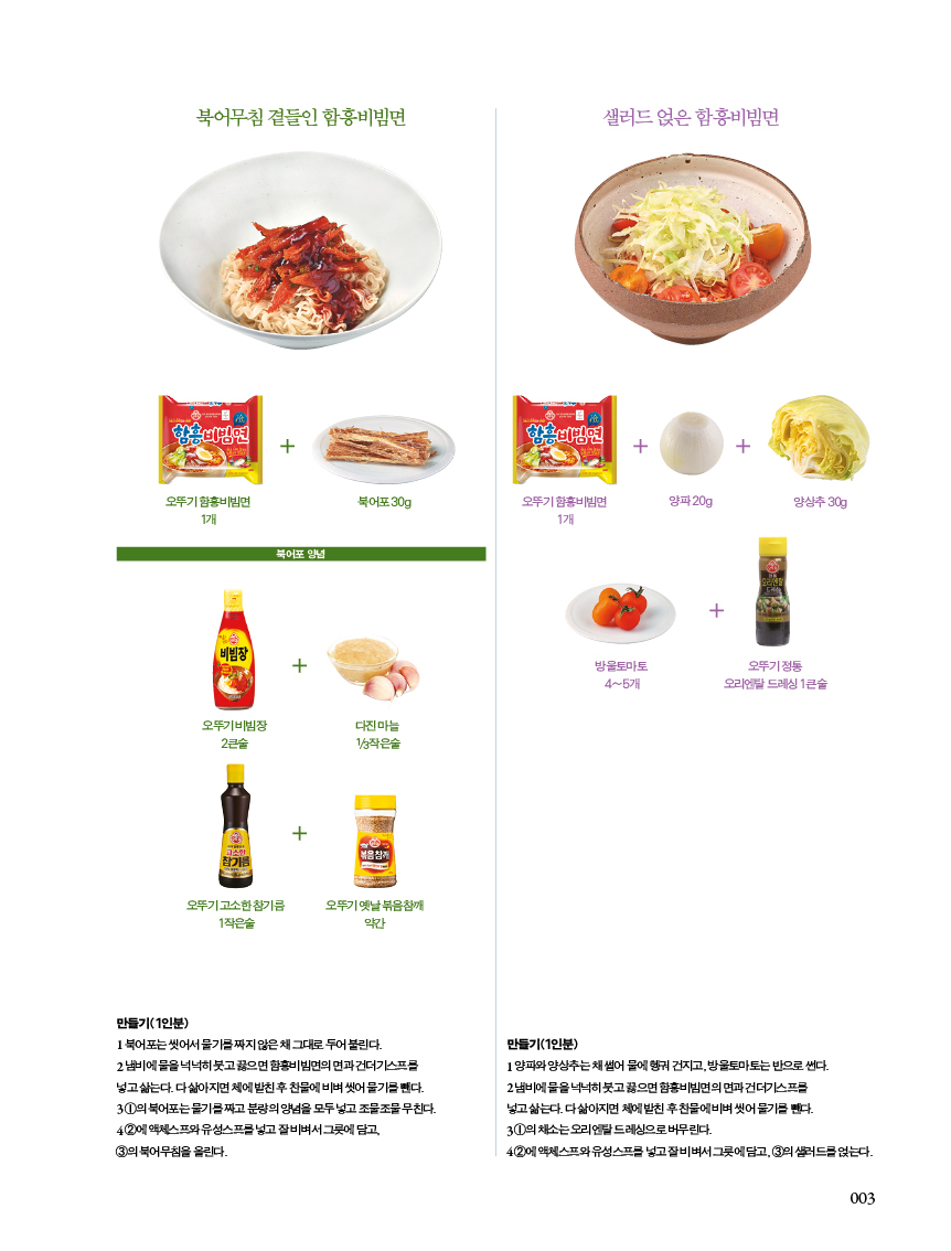 북어무침 곁들인 함흥비빔면

만들기(1인분)
1북어포는씻어서 물기를 짜지않은채 그대로 두어 불린다. 2냄비에 물을 넉넉히 붓고 끓으면 함흥비빔면의 면과건더기스프를 넣고 삶는다. 다삶아지면 체에 받친 후 찬물에 비벼 씻어 물기를 뺀다.
31의 북어포는 물기를 짜고 분량의 양념을 모두 넣고 조물조물 무친다.
42에 액체스프와유성스프를 넣고잘비벼서 그릇에 담고, 3의 북어무침을 올린다.
샐러드얹은 함흥비빔면
만들기(1인분)
1 양파와 양상추는채썰어 물에 헹궈 건지고, 방울토마토는 반으로 썬다.
2냄비에 물을 넉넉히 붓고 끓으면함흥비빔면의 면과건더기스프
넣고 삶는다. 다삶아지면 체에 받친 후 찬물에비벼 씻어 물기를 뺀다. 1의 채소는 오리엔탈드레싱으로 버무린다.
42에 액체스프와 유성스프를 넣고잘비벼서 그릇에 담고 3의 샐러드를얹는다.
