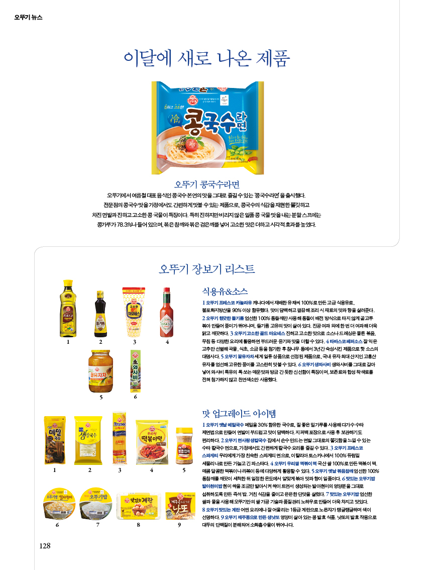 오뚜기 뉴스
이달에 새로 나온 제품

콩국수량
오뚜기 콩국수라면
오뚜기에서 여름철대표음식인콩국수본연의 맛을 그대로 즐길수있는 콩국수라면을 출시했다.
전문점의 콩국수맛을가정에서도 간편하게 맛볼수있는 제품으로, 콩국수의 식감을 재현한쫄깃하고
차진면발과 진하고 고소한 콩국물이 특징이다. 특히 진하지만비리지 않은 일품콩국물맛을 내는 분말스프에는 콩가루가 78.3%나 들어있으며,볶은참깨와볶은검은깨를 넣어 고소한맛은 더하고 시각적효과를 높였다.

오뚜기 장보기 리스트
식용유&소스
1오뚜기 프레스코 카놀라유 캐나다에서 재배한 유채씨 100%로 만든고급 식용유로. 불포화지방산을 90% 이상 함유했다. 맛이 담백하고 깔끔해조리 시 재료의 맛과 향을 살려준다. 2 오뚜기 향긋한들기름 엄선한 100%동깨만사용해동이 배전방식으로 타지 않게 골고루 볶아 만들어풍미가뛰어나며, 들기름 고유의 맛이 살아있다. 진공 여과 외에 한번 더 여과해 더욱 맑고 깨끗하다. 3 오뚜기고소한골드마요네스진하고 고소한맛으로 소스나드레싱은 물론 볶음. 무침 등 다양한 요리에 활용하면 부드러운 윤기와 맛을 더할수있다. 4 타바스코페퍼소스잘익은 고추만 선별해 곡물 식초, 소금 등을 첨가한 후 참나무 등에서 3년간 숙성시킨 제품으로 핫소스의 대명사다. 5 오뚜기 유자차세계일류상품으로 선정된 제품으로 국내 유자 최대산지인 고흥산 유자를 엄선해 고유한 풍미를 고스란히 맛볼수있다. 6오뚜기생와사비 생와사비를 그대로 갈아 넣어와사비 특유의 톡쏘는 매운맛과 방금 간듯한 신선함이 특징이며, 보존료와 합성착색료를 전혀 첨가하지 않고 천연색소만 사용했다.


맛 업그레이드 아이템
1오뚜기 옛날 메밀국수 메밀을 30% 함유한 국수로 질좋은 밀가루를 사용해 다가수수타 제면법으로 만들어 면발이 부드럽고맛이 담백하다.지퍼백포장으로사용후 보관하기도 편리하다. 2 오뚜기 면사랑생칼국수집에서 손수 만드는 면발그대로의 쫄깃함을 느낄수있는 수타칼국수면으로 가정에서도 간편하게칼국수요리를 즐길수있다.3 오뚜기 프레스코 스파게티 우리에게 가장 친숙한 스파게티면으로 이탈리아 토스카나에서 100% 듀럼밀
세몰리나로만든가늘고 긴 파스타다. 4 오뚜기 우리쌀떡볶이떡국산쌀 100%로 만든 떡볶이떡 매콤달콤한 떡볶이나라 등에 다양하게 활용할수 있다. 5 오뚜기 옛날볶음참깨엄선한 100% 참깨깨끗이 세척한 뒤 일정한 온도에서 알맞게 볶아 맛과 향이 일품이다. 6맛있는 오뚜기밥 발아현미밥현미싹을조금만 발아시켜 싹이 트면서 생성되는 발아현미의 영양분을 그대로
섭취하도록 만든 즉석밥 거친 식감을 줄이고 은은한 단맛을 살렸다. 7 맛있는 오뚜기밥엄선한 쌀과 물을 사용해오뚜기만의쌀가공기술과 품질관리 노하우로 만들어 더욱차지고 맛있다. 8 오뚜기 맛있는 계란 어떤 요리에나 잘어울리는 1등급계란으로노른자가탱글탱글하며 색이 선명하다. 오뚜기 제주콩으로 만든 생낫또 영양이 살아있는콩발효식품 낫또의 발효작용으로 대두단백질이 분해되어 소화흡수율이 뛰어나다.
