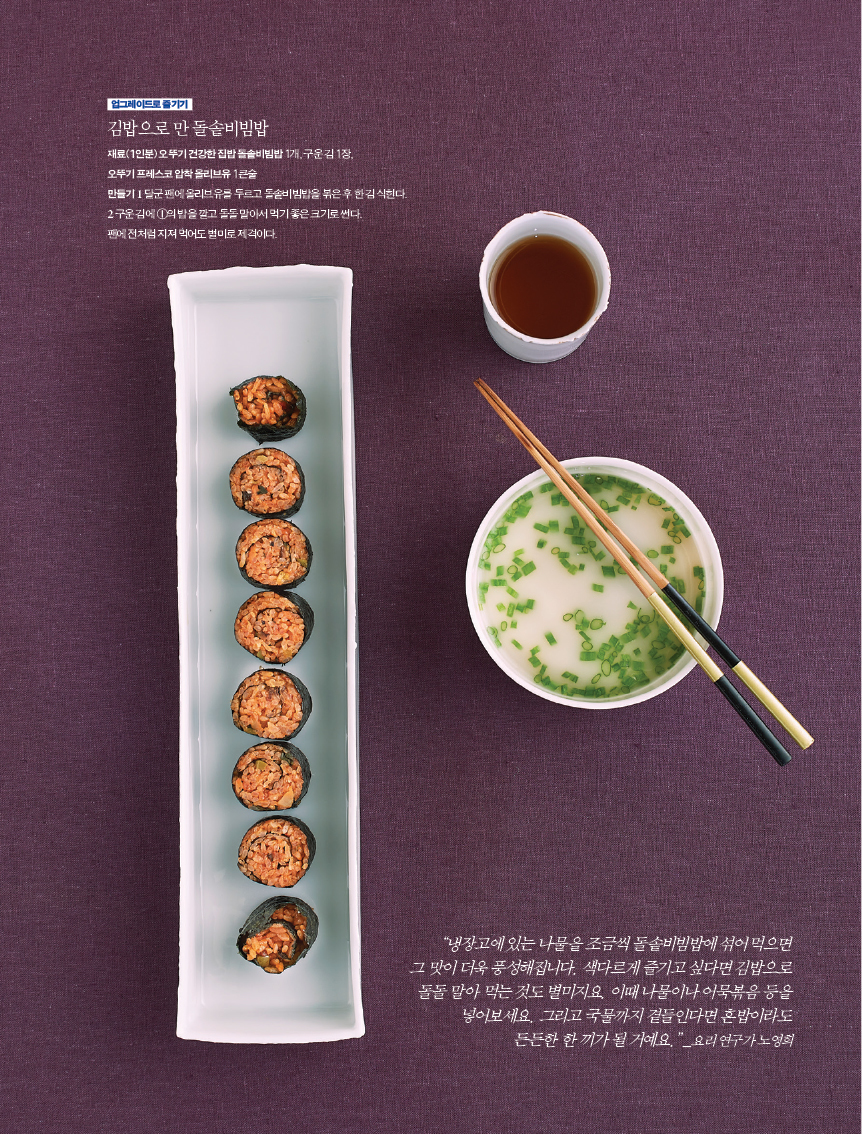 업그레이드로 즐기기
김밥으로 만 돌솥비빔밥
재료(1인분) 오뚜기 건강한 집밥 돌솥비빔밥 1개, 구운 김 1장,
오뚜기 프레스코 압착 올리브유 1큰술
만들기 1 달군 팬에 올리브유를 두르고 돌솥비빔밥을 볶은 후 한 김 식힌다.
2 구운 김에 ①의 밥을 깔고 돌돌 말아서 먹기 좋은 크기로 썬다.
팬에 전처럼 지져 먹어도 별미로 제격이다.
“냉장고에 있는 나물을 조금씩 돌솥비빔밥에 섞어 먹으면
그 맛이 더욱 풍성해집니다. 색다르게 즐기고 싶다면 김밥으로
돌돌 말아 먹는 것도 별미지요. 이때 나물이나 어묵볶음 등을
넣어보세요. 그리고 국물까지 곁들인다면 혼밥이라도
든든한 한 끼가 될 거예요.” _요리 연구가 노영희