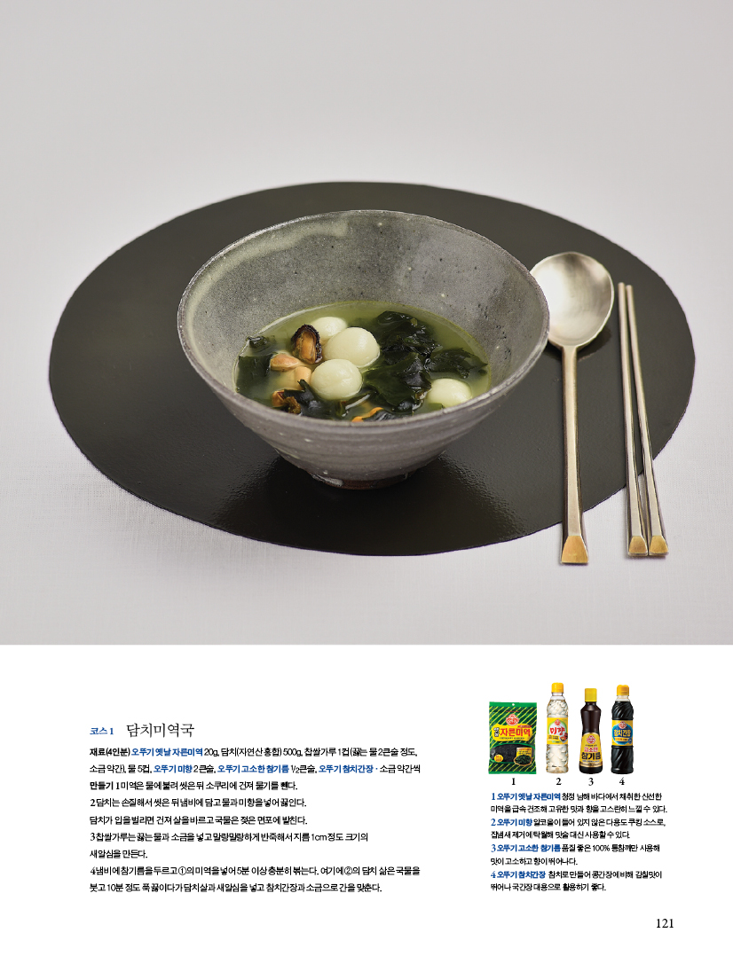 코스 1 담치미역국

재료(4인분) 오뚜기 옛날 자른미역 20g, 담치(자연산 홍합) 500g, 찹쌀가루 1컵(끓는 물 2큰술 정도,소금 약간), 물 5컵, 오뚜기 미향 2큰술, 오뚜기 고소한 참기름 1/2큰술, 오뚜기 참치간장ㆍ소금 약간씩

만들기

1 미역은 물에 불려 씻은 뒤 소쿠리에 건져 물기를 뺀다.

2 담치는 손질해서 씻은 뒤 냄비에 담고 물과 미향을 넣어 끓인다.담치가 입을 벌리면 건져 살을 바르고 국물은 젖은 면포에 밭친다.

3 찹쌀가루는 끓는 물과 소금을 넣고 말랑말랑하게 반죽해서 지름 1cm 정도 크기의 새알심을 만든다.

4 냄비에 참기름을 두르고 ①의 미역을 넣어 5분 이상 충분히 볶는다. 여기에 ②의 담치 삶은 국물을 붓고 10분 정도 푹 끓이다가 담치살과 새알심을 넣고 참치간장과 소금으로 간을 맞춘다.