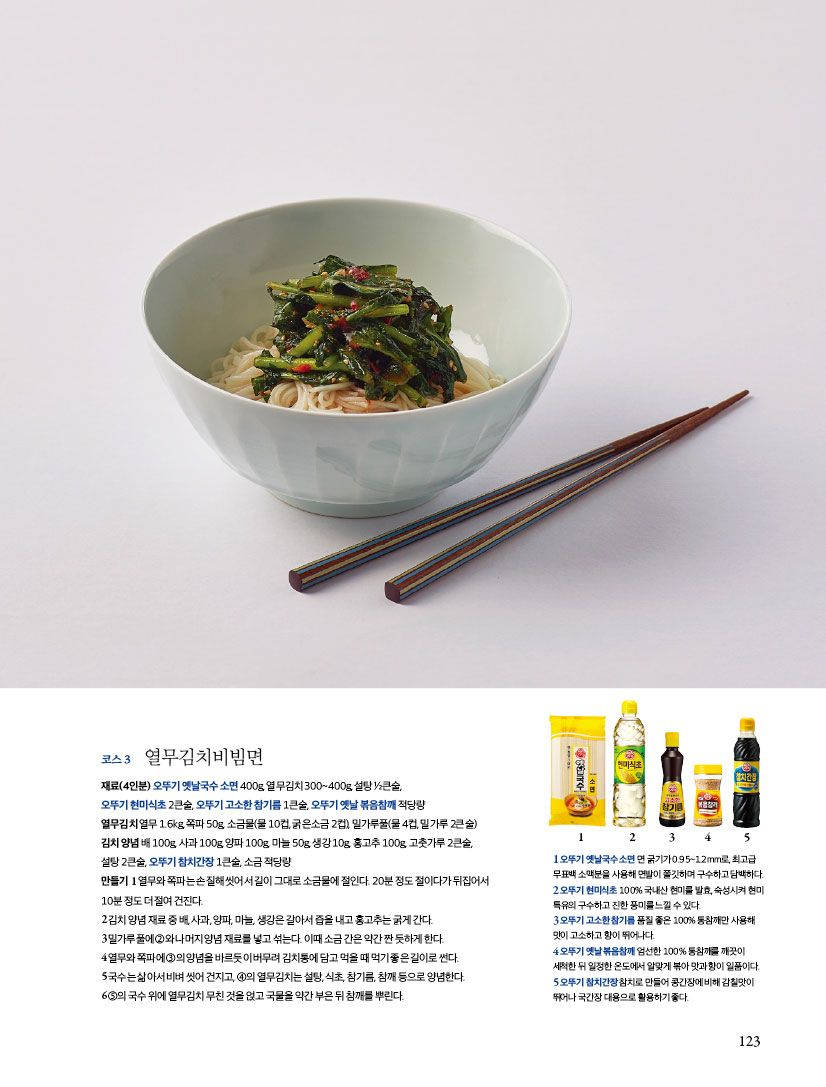 코스 3 열무김치비빔면

재료(4인분) 오뚜기 옛날국수 소면 400g, 열무김치 300~400g, 설탕 ½큰술,오뚜기 현미식초 2큰술, 오뚜기 고소한 참기름 1큰술, 오뚜기 옛날 볶음참깨 적당량 열무김치 열무 1.6kg, 쪽파 50g, 소금물(물 10컵, 굵은소금 2컵), 밀가루풀(물 4컵, 밀가루 2큰술) 김치 양념 배 100g, 사과 100g, 양파 100g, 마늘 50g, 생강 10g, 홍고추 100g, 고춧가루 2큰술, 설탕 2큰술, 오뚜기 참치간장 1큰술, 소금 적당량
만들기
1 열무와 쪽파는 손질해 씻어서 길이 그대로 소금물에 절인다. 20분 정도 절이다가 뒤집어서 10분 정도 더 절여 건진다.
2 김치 양념 재료 중 배, 사과, 양파, 마늘, 생강은 갈아서 즙을 내고 홍고추는 굵게 간다.
3 밀가루풀에 ②와 나머지 양념 재료를 넣고 섞는다. 이때 소금 간은 약간 짠 듯하게 한다.
4 열무와 쪽파에 ③의 양념을 바르듯이 버무려 김치통에 담고 먹을 때 먹기 좋은 길이로 썬다.
5 국수는 삶아서 비벼 씻어 건지고, ④의 열무김치는 설탕, 식초, 참기름, 참깨 등으로 양념한다.
6 ⑤의 국수 위에 열무김치 무친 것을 얹고 국물을 약간 부은 뒤 참깨를 뿌린다.