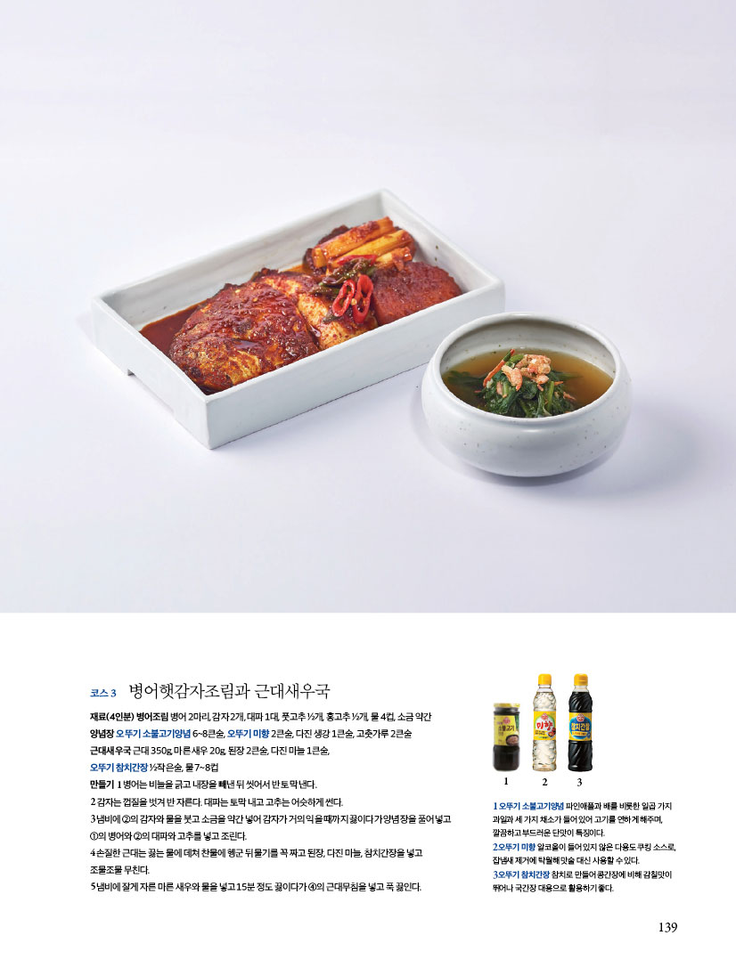 코스3 병어햇감자조림과 근대새우국

재료(4인분) 병어조림 병어 2마리, 감자 2개, 대파 1대, 풋고추 ½개, 홍고추 ½개, 물 4컵, 소금 약간 양념장 오뚜기 소불고기양념 6~8큰술, 오뚜기 미향 2큰술, 다진 생강 1큰술, 고춧가루 2큰술 근대새우국 근대 350g, 마른 새우 20g, 된장 2큰술, 다진 마늘 1큰술,오뚜기 참치간장 ½작은술, 물 7~8컵

만들기
1 병어는 비늘을 긁고 내장을 빼낸 뒤 씻어서 반 토막 낸다.
2 감자는 껍질을 벗겨 반 자른다. 대파는 토막 내고 고추는 어슷하게 썬다.
3 냄비에 ②의 감자와 물을 붓고 소금을 약간 넣어 감자가 거의 익을 때까지 끓이다가 양념장을 풀어 넣고①의 병어와 ②의 대파와 고추를 넣고 조린다.
4 손질한 근대는 끓는 물에 데쳐 찬물에 헹군 뒤 물기를 꼭 짜고 된장, 다진 마늘, 참치간장을 넣고 조물조물 무친다.
5 냄비에 잘게 자른 마른 새우와 물을 넣고 15분 정도 끓이다가 ④의 근대무침을 넣고 푹 끓인다.