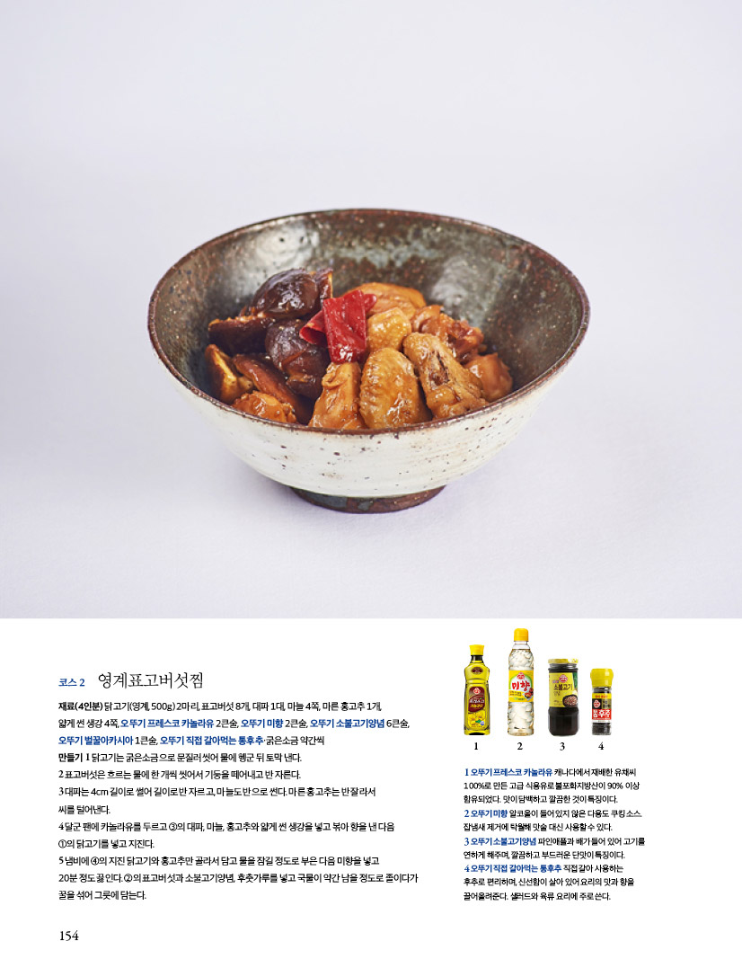 코스 2

영계표고버섯찜

재료(4인분)

닭고기(영계, 500g) 2마리, 표고버섯 8개, 대파 1대, 마늘 4쪽, 마른 홍고추 1개, 얇게 썬 생강 4쪽, 오뚜기 프레스코 카놀라유 2큰술, 오뚜기 미향 2큰술, 오뚜기 소불고기양념 6큰술, 오뚜기 벌꿀아카시아 1큰술, 오뚜기 직접 갈아먹는 통후추·굵은소금 약간씩

만들기

1 닭고기는 굵은소금으로 문질러 씻어 물에 헹군 뒤 토막 낸다.

2 표고버섯은 흐르는 물에 한 개씩 씻어서 기둥을 떼어내고 반 자른다.

3 대파는 4cm 길이로 썰어 길이로 반 자르고, 마늘도 반으로 썬다. 마른 홍고추는 반 잘라서 씨를 털어낸다.

4 달군 팬에 카놀라유를 두르고 ③의 대파, 마늘, 홍고추와 얇게 썬 생강을 넣고 볶아 향을 낸 다음 ①의 닭고기를 넣고 지진다.

5 냄비에 ④의 지진 닭고기와 홍고추만 골라서 담고 물을 잠길 정도로 부은 다음 미향을 넣고 20분 정도 끓인다. ②의 표고버섯과 소불고기양념, 후춧가루를 넣고 국물이 약간 남을 정도로 졸이다가 꿀을 섞어 그릇에 담는다.