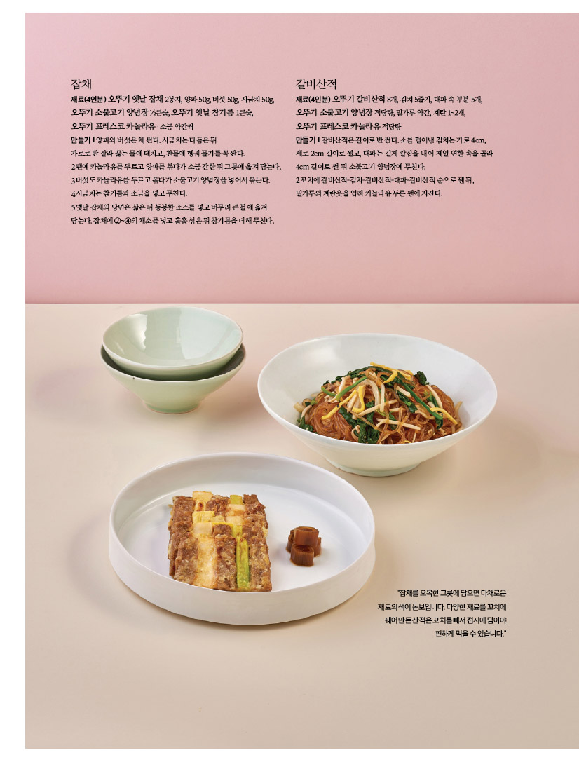 잡채

재료(4인분) 오뚜기 옛날 잡채 2봉지, 양파 50g, 버섯 50g, 시금치 50g,

오뚜기 소불고기 양념장 1?2큰술, 오뚜기 옛날 참기름 1큰술,

오뚜기 프레스코 카놀라유ㆍ소금 약간씩

만들기1양파와버섯은채썬다.시금치는다듬은뒤 

가로로반잘라끓는물에데치고,찬물에헹궈물기를꼭짠다. 2팬에카놀라유를두르고양파를볶다가소금간한뒤그릇에옮겨담는다. 3 버섯도 카놀라유를 두르고 볶다가 소불고기 양념장을 넣어서 볶는다.

4 시금치는 참기름과 소금을 넣고 무친다. 5옛날잡채의당면은삶은뒤동봉한소스를넣고버무려큰볼에옮겨 담는다. 잡채에 2~4의 채소를 넣고 훌훌 섞은 뒤 참기름을 더해 무친다.



갈비산적

재료(4인분) 오뚜기 갈비산적 8개, 김치 5줄기, 대파 속 부분5개, 오뚜기 소불고기 양념장 적당량,밀가루 약간, 계란1~2개, 오뚜기 프레스코 카놀라유 적당량

만들기1

갈비산적은 길이로 반 썬다. 소를 털어낸 김치는 가로4cm, 세로2cm 길이로 썰고, 대파는 길게 칼집을 내어 제일 연한 속을 골라 4cm길이로 썬 뒤 소불고기 양념장에 무친다

2꼬치에 갈비산적-김치-갈비산적-대파-갈비산 적 순으로 팬뒤,밀가루와 계란옷을 입혀 카놀라유 두른 팬에 지진다.


"잡채를 오목한 그릇에 담으면 다채로운 재료와 색이 돋보입니다. 다양한 재료를 꼬치에 꿰어만든 산적은 꼬치를 빼서 접시에 담아야 편하게 먹을 수 있습니다."
