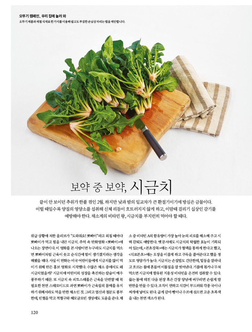 오뚜기 캠페인 우리 집에 놀러 와
오뚜기 제품과 제철 식재료 한 가지를 이용해 쉽고도 푸짐한 손님상 차리는 법을 제안합니다.

보약중보약,시금치
끝이안보이던추위가한풀꺾인2월.하지만낮과밤의일교차가큰환절기이기에방심은금물이다. 이럴 때일수록 양질의 영양소를 섭취해 신체 리듬이 흐트러지지 않게 하고, 이맘때 걸리기 십상인 감기를 예방해야 한다. 채소계의 비타민 왕, 시금치를 부지런히 먹어야 할 때다.
위급상황에처한올리브가“도와줘요!뽀빠이”라고외칠때마다 뽀빠이가 먹고 힘을 내던 시금치. 추억 속 만화영화 &lt;뽀빠이&gt;에 나오는 장면이다. 이 영화를 본 사람이면 누구라도 시금치를 먹으 면 뽀빠이처럼 근육이 솟고 순식간에 힘이 생기겠지라는 생각을 해봤을테다.사실이만화는미국어린이들에게시금치를많이먹 이기위해만든홍보영화로시작했다.수많은채소중에서도왜 시금치였을까? 시금치에 어린이의 성장을 촉진하는 칼슘이 매우 풍부하기때문.또시금치속피토스테롤은근육을단련할때꼭 필요한 천연 스테로이드로 과연 뽀빠이가 근육질의 몸매를 유지 하기위해서라도먹을만한채소인것.그리고엽산과철분도풍부 한데, 빈혈을 막고 적혈구와 헤모글로빈 생성에도 도움을 준다. 채
소중비타민A의함유량이가장높아눈의피로를해소해주고시 력 감퇴도 예방한다. 옛 문서에도 시금치의 탁월한 효능이 기록되 어 있는데, &lt;본초강목&gt;에는 시금치가 혈맥을 통하게 한다고 했고, &lt;식료본초&gt;에는 오장을 이롭게 하고 주독을 풀어준다고 했을 정 도로 영양가가 높다. 시금치는 손질법도 간단한데, 밑동을 잘라내 고흐르는물에흔들어이물질을잘씻어낸다.기름에볶거나무쳐 먹으면 시금치에 함유된 지용성 비타민을 온전히 섭취할 수 있다. 끓는물에데친다음된장혹은간장양념에버무리면손쉽게밥 반찬을만들수있다.조직이연하고식감이부드러워각종국이나 찌개에넣어도된다.곱게갈아빵이나수프에섞으면고운초록색 을내는천연색소가된다.