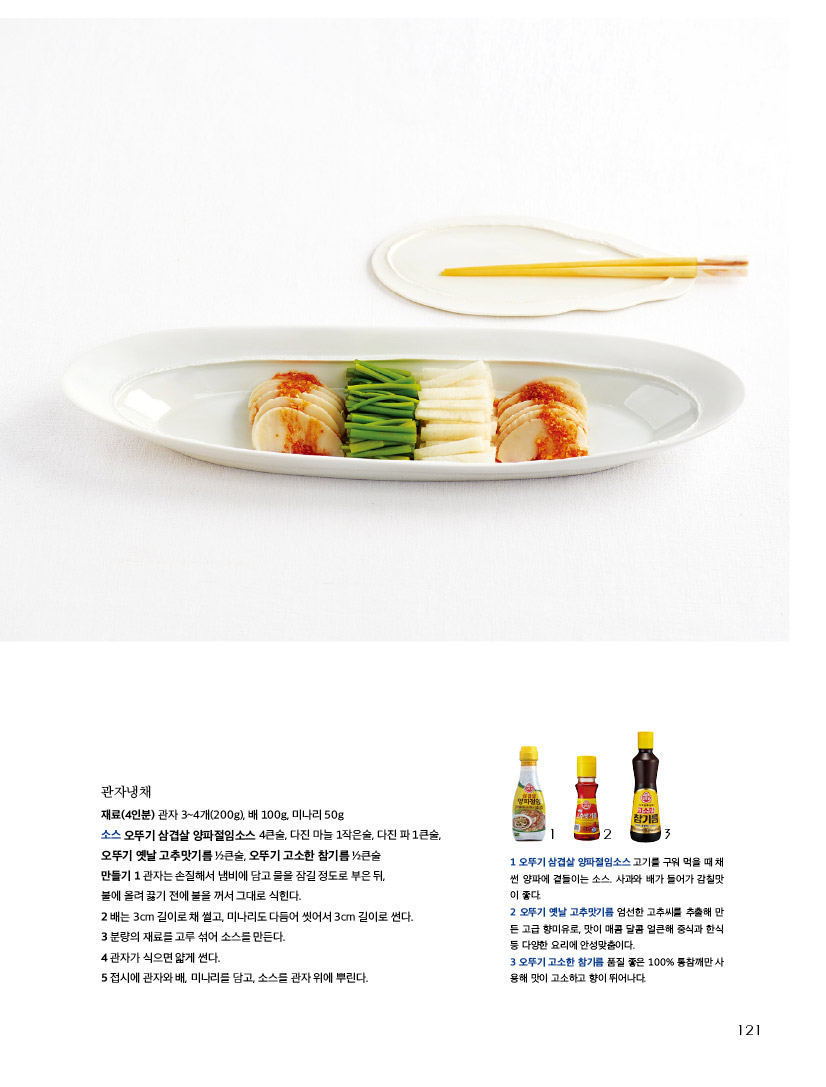 관자냉채

재료(4인분) 관자 3~4개(200g), 배 100g, 미나리 50g

소스 오뚜기 삼겹살 양파절임소스 4큰술, 다진 마늘 1작은술, 다진 파 1큰술, 오뚜기 옛날 고추맛기름 ½큰술, 오뚜기 고소한 참기름 ½큰술

만들기 1 관자는 손질해서 냄비에 담고 물을 잠길 정도로 부은 뒤, 

불에 올려 끓기 전에 불을 꺼서 그대로 식힌다.

2 배는 3cm 길이로 채 썰고, 미나리도 다듬어 씻어서 3cm 길이로 썬다.

3 분량의 재료를 고루 섞어 소스를 만든다. 

4 관자가 식으면 얇게 썬다. 

5 접시에 관자와 배, 미나리를 담고, 소스를 관자 위에 뿌린다.



1 오뚜기 삼겹살 양파절임소스 고기를 구워 먹을 때 채 썬 양파에 곁들이는 소스. 사과와 배가 들어가 감칠맛이 좋다.

2 오뚜기 옛날 고추맛기름 엄선한 고추씨를 추출해 만든 고급 향미유로, 맛이 매콤 달콤 얼큰해 중식과 한식 등 다양한 요리에 안성맞춤이다. 

3 오뚜기 고소한 참기름 품질 좋은 100% 통참깨만 사용해 맛이 고소하고 향이 뛰어나다. 