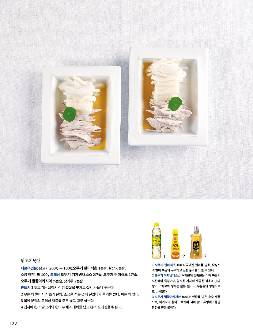 
닭고기냉채

재료(4인분) 닭고기 200g, 무 100g(오뚜기 현미식초 1큰술, 설탕 ½큰술, 소금 약간), 배 100g 드레싱 오뚜기 겨자냉채소스 2큰술, 오뚜기 현미식초 1큰술, 오뚜기 벌꿀아카시아 ½큰술, 잣가루 2큰술

만들기 

1 닭고기는 삶아서 식혀 껍질을 벗기고 살만 가늘게 찢는다.

2 무는 채 썰어서 식초와 설탕, 소금을 섞은 것에 절였다가 물기를 짠다. 배는 채 썬다.

3 볼에 분량의 드레싱 재료를 모두 넣고 고루 섞는다. 4 접시에 ①의 닭고기와 ②의 무채와 배채를 담고 ③의 드레싱을 뿌린다.



1 오뚜기 현미식초 100% 국내산 현미를 발효, 숙성시켜 현미 특유의 구수하고 진한 풍미를 느낄 수 있다. 

2 오뚜기 겨자냉채소스 겨자분에 강황분을 더해 특유의 노란색이 특징이며, 알싸한 겨자와 새콤한 식초의 맛과 향이 조화로워 냉채는 물론 샐러드, 무침류의 양념으로도 손색없다. 

3 오뚜기 벌꿀아카시아 HACCP 인증을 받은 우수 제품으로, 아카시아 향이 그윽하며 색이 맑고 투명해 1등급 판정을 받은 꿀이다.