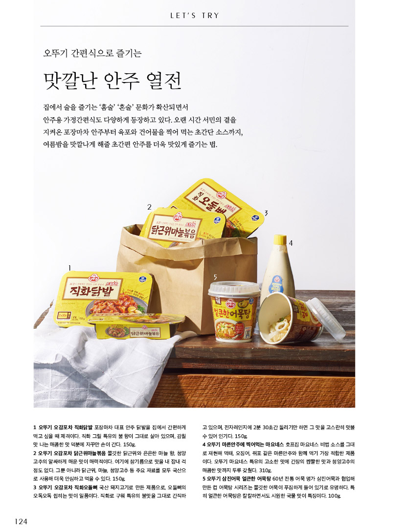 오뚜기 간편식으로 즐기는맛깔난 안주 열전돼지오돌뼈라면볶음재료

집에서 술을 즐기는 ‘홈술’ ‘혼술’ 문화가 확산되면서 안주용 가정간편식도 다양하게 등장하고 있다. 오랜 시간 서민의 곁을 지켜온 포장마차 안주부터 육포와 건어물을 찍어 먹는 초간단 소스까지, 여름밤을 맛깔나게 해줄 초간편 안주를 더욱 맛있게 즐기는 법.



1 오뚜기 오감포차 직화닭발 포장마차 대표 안주 닭발을 집에서 간편하게 먹고 싶을 때 제격이다. 직화 그릴 특유의 불 향이 그대로 살아 있으며, 감칠맛 나는 매콤한 맛 덕분에 자꾸만 손이 간다. 150g. 

2 오뚜기 오감포차 닭근위마늘볶음 쫄깃한 닭근위와 은은한 마늘 향, 청양고추의 알싸하게 매운 맛이 매력적이다. 여기에 참기름으로 맛을 내 잡내 걱정도 없다. 그뿐 아니라 닭근위, 마늘, 청양고추 등 주요 재료를 모두 국산으로 사용해 더욱 안심하고 먹을 수 있다. 150g. 

3 오뚜기 오감포차 직화오돌뼈 국산 돼지고기로 만든 제품으로, 오돌뼈의 오독오독 씹히는 맛이 일품이다. 직화로 구워 특유의 불맛을 그대로 간직하고 있으며, 전자레인지에 2분 30초간 돌리기만 하면 그 맛을 고스란히 맛볼 수 있어 인기다. 150g. 

4 오뚜기 마른안주에 찍어먹는 마요네스 호프집 마요네스 비법 소스를 그대로 재현해 먹태, 오징어, 쥐포 같은 마른안주와 함께 먹기 가장 적합한 제품이다. 오뚜기 마요네스 특유의 고소한 맛에 간장의 짭짤한 맛과 청양고추의 매콤한 맛까지 두루 갖췄다. 310g.

5 오뚜기 삼진어묵 얼큰한 어묵탕 60년 전통 어묵 명가 삼진어묵과 협업해 만든 컵 어묵탕 시리즈는 쫄깃한 어묵이 푸짐하게 들어 있기로 유명하다. 특히 얼큰한 어묵탕은 칼칼하면서도 시원한 국물 맛이 특징이다. 100g.