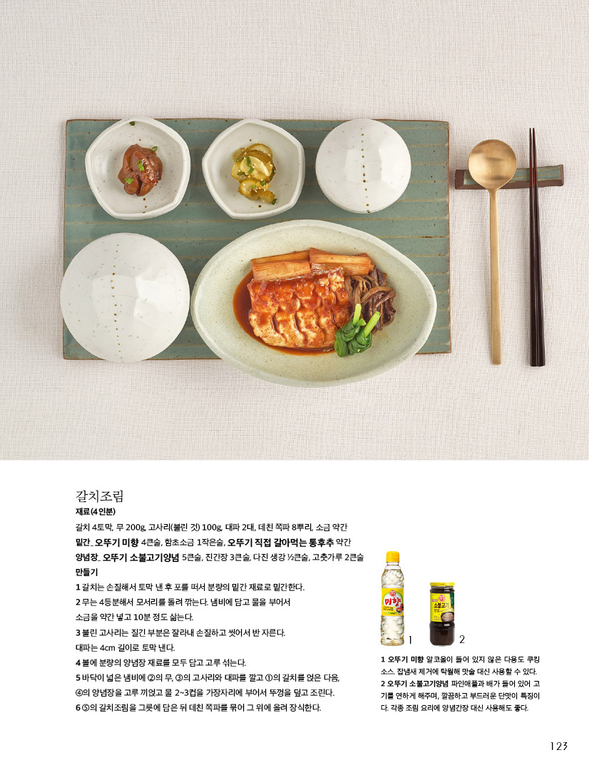 갈치조림

재료(4인분)

갈치 4토막, 무 200g, 고사리(불린 것) 100g, 대파 2대, 데친 쪽파 8뿌리, 소금 약간 밑간_ 오뚜기 미향 4큰술, 함초소금 1작은술, 오뚜기 직접 갈아먹는 통후추 약간

양념장_ 오뚜기 소불고기양념 5큰술, 진간장 3큰술, 다진 생강 1?2큰술, 고춧가루 2큰술 만들기

1 갈치는 손질해서 토막 낸 후 포를 떠서 분량의 밑간 재료로 밑간한다.

2 무는 4등분해서 모서리를 돌려 깎는다. 냄비에 담고 물을 부어서

소금을 약간 넣고 10분 정도 삶는다.

3 불린 고사리는 질긴 부분은 잘라내 손질하고 씻어서 반 자른다.

대파는 4cm 길이로 토막 낸다.

4 볼에 분량의 양념장 재료를 모두 담고 고루 섞는다.

5 바닥이 넓은 냄비에 2의 무, 3의 고사리와 대파를 깔고 1의 갈치를 얹은 다음, 4의 양념장을 고루 끼얹고 물 2~3컵을 가장자리에 부어서 뚜껑을 덮고 조린다. 6 5의 갈치조림을 그릇에 담은 뒤 데친 쪽파를 묶어 그 위에 올려 장식한다.



1 오뚜기 미향 알코올이 들어 있지 않은 다용도 쿠킹 소스. 잡냄새 제거에 탁월해 맛술 대신 사용할 수 있다. 2 오뚜기 소불고기양념 파인애플과 배가 들어 있어 고 기를 연하게 해주며, 깔끔하고 부드러운 단맛이 특징이 다. 각종 조림 요리에 양념간장 대신 사용해도 좋다.

