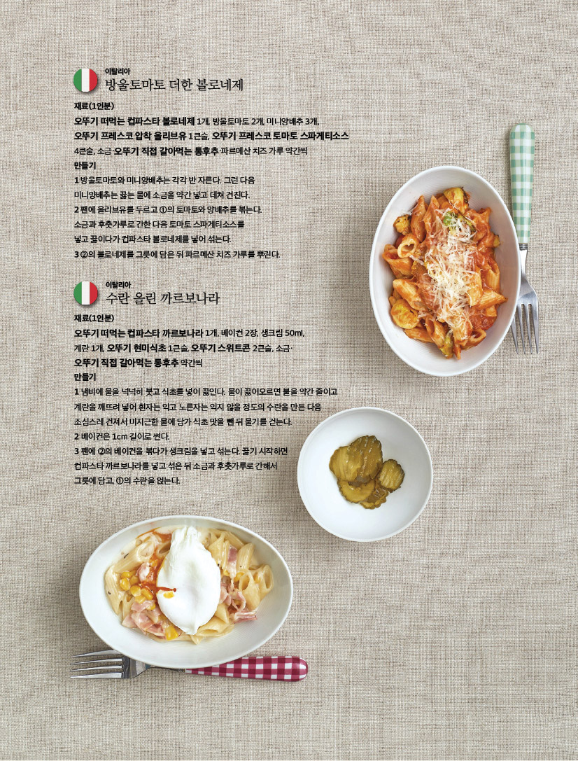 이탈리아

방울토마토 더한 볼로네제

재료(1인분)

오뚜기 떠먹는 컵파스타 볼로네제 1개, 방울토마토 2개, 미니양배추 3개,

오뚜기 프레스코 압착 올리브유 1큰술, 오뚜기 프레스코 토마토 스파게티소스 4큰술, 소금·오뚜기 직접 갈아먹는 통후추·파르메산 치즈 가루 약간씩

만들기

1 방울토마토와 미니양배추는 각각 반 자른다. 그런 다음

미니양배추는 끓는 물에 소금을 약간 넣고 데쳐 건진다.

2 팬에 올리브유를 두르고 1의 토마토와 양배추를 볶는다.

소금과 후춧가루로 간한 다음 토마토 스파게티소스를

넣고 끓이다가 컵파스타 볼로네제를 넣어 섞는다.

3 2의 볼로네제를 그릇에 담은 뒤 파르메산 치즈 가루를 뿌린다.

