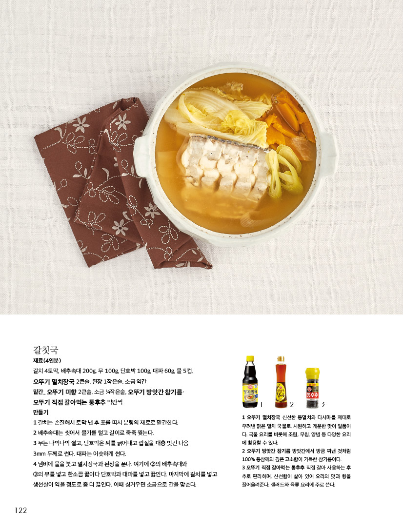 갈칫국

재료(4인분)

갈치 4토막, 배추속대 200g, 무 100g, 단호박 100g, 대파 60g, 물 5컵, 오뚜기 멸치장국 2큰술, 된장 1작은술, 소금 약간

밑간_ 오뚜기 미향 2큰술, 소금 1?4작은술, 오뚜기 방앗간 참기름ㆍ 오뚜기 직접 갈아먹는 통후추 약간씩

만들기

1 갈치는 손질해서 토막 낸 후 포를 떠서 분량의 재료로 밑간한다.

2 배추속대는 씻어서 물기를 털고 길이로 죽죽 찢는다.

3 무는 나박나박 썰고, 단호박은 씨를 긁어내고 껍질을 대충 벗긴 다음

3mm 두께로 썬다. 대파는 어슷하게 썬다.

4 냄비에 물을 붓고 멸치장국과 된장을 푼다. 여기에 2의 배추속대와

3의 무를 넣고 한소끔 끓이다 단호박과 대파를 넣고 끓인다. 마지막에 갈치를 넣고 생선살이 익을 정도로 좀 더 끓인다. 이때 싱거우면 소금으로 간을 맞춘다.



1 오뚜기 멸치장국 신선한 통멸치와 다시마를 제대로 우려낸 맑은 멸치 국물로, 시원하고 개운한 맛이 일품이 다. 국물 요리를 비롯해 조림, 무침, 양념 등 다양한 요리 에 활용할 수 있다.

2 오뚜기 방앗간 참기름 방앗간에서 방금 짜낸 것처럼 100% 통참깨의 깊은 고소함이 가득한 참기름이다.

3 오뚜기 직접 갈아먹는 통후추 직접 갈아 사용하는 후 추로 편리하며, 신선함이 살아 있어 요리의 맛과 향을 끌어올려준다. 샐러드와 육류 요리에 주로 쓴다.

