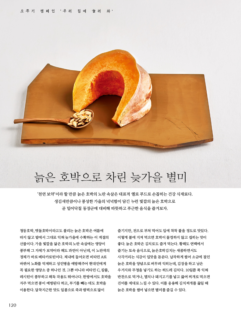 오뚜기캠페인‘우리집에놀러와’



늙은 호박으로 차린 늦가을 별미



‘천연 보약’이라 할 만큼 늙은 호박의 노란 속살은 대표적 옐로 푸드로 손꼽히는 건강 식재료다. 생김새만큼이나 풍성한 가을의 넉넉함이 담긴 누런 빛깔의 늙은 호박으로

곧 밀어닥칠 동장군에 대비해 따뜻하고 푸근한 음식을 즐겨보자.



청둥호박, 맷돌호박이라고도 불리는 늙은 호박은 여름에 따지 않고 밭에서 그대로 익혀 늦가을에 수확하는 이 계절의 산물이다. 가을 빛깔을 닮은 호박의 노란 속살에는 영양이 풍부해 그 자체가 보약이라 해도 과언이 아닌데, 이 노란색의 정체가 바로 베타카로틴이다. 체내에 들어오면 비타민 A로 바뀌어 노화를 억제하고 성인병을 예방해주어 현대인에게

꼭 필요한 영양소 중 하나인 것. 그뿐 아니라 비타민 C, 칼륨, 레시틴이 풍부하고 해독 작용도 뛰어나다. 한방에서도 호박을 자주 먹으면 풍이 예방된다 하고, 부기를 빼는 데도 호박을 이용한다. 달착지근한 맛도 일품으로 죽과 범벅으로 많이 즐기지만, 전으로 부쳐 먹어도 입에 착착 붙을 정도로 맛있다. 이렇게 불에 지져 먹으면 호박이 물컹하지 않고 씹히는 맛이 좋다. 늙은 호박은 김치로도 즐겨 먹는다. 황해도 연백에서 즐기는 토속 음식으로, 늙은호박김치는 새콤하면서도 사각거리는 식감이 입맛을 돋운다. 납작하게 썰어 소금에 절인 늙은 호박을 양념으로 버무려 익히는데, 김장을 하고 남은 우거지와 무청을 넣기도 하는 허드레 김치다. 10일쯤 푹 익혀 반찬으로 먹거나, 멸치나 돼지고기를 넣고 끓여 찌개로 먹으면 진미를 제대로 느낄 수 있다. 이를 응용해 김치찌개를 끓일 때 늙은 호박을 썰어 넣으면 별미를 즐길 수 있다.