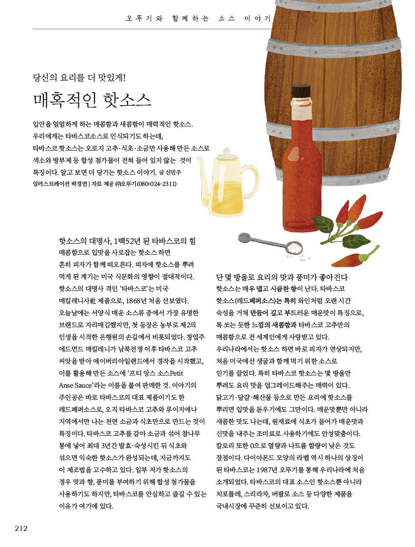 오뚜기와 함께하는 소스 이야기 

당신의 요리를 더 맛있게! 

매혹적인 핫소스 

입안을 얼얼하게 하는 매콤함과 새콤함이 매력적인 핫소스. 우리에게는 타바스코소스로 인식되기도 하는데,?타바스코 핫소스는 오로지 고추·식초·소금만 사용해 만든 소스로 색소와방부제등합성첨가물이전혀들어있지않는 것이 특징이다. 알고 보면 더 당기는 핫소스 이야기. 글 신민주 일러스트레이션 박경연 | 자료 제공 (주)오뚜기(080-024-2311) 



핫소스의 대명사, 1백52년 된 타바스코의 힘 매콤함으로 입맛을 사로잡는 핫소스 하면?흔히 피자가 함께 떠오른다. 피자에 핫소스를 뿌려 먹게 된 계기는 미국 식문화의 영향이 절대적이다. 핫소스의 대명사 격인 ‘타바스코’는 미국 매킬레니사社 제품으로, 1868년 처음 선보였다. 오늘날에는 서양식 매운 소스류 중에서 가장 유명한 브랜드로 자리매김했지만, 첫 등장은 농부로 제2의 인생을 시작한 은행원의 손길에서 비롯되었다. 창업주 에드먼드 매킬레니가 남북전쟁 이후 타바스코 고추 씨앗을 받아 에이버리아일랜드에서 경작을 시작했고, 이를 활용해 만든 소스에 ‘프티 앙스 소스Petit 

Anse Sauce’라는 이름을 붙여 판매한 것. 이야기의 주인공은 바로 타바스코의 대표 제품이기도 한 레드페퍼소스로, 오직 타바스코 고추와 루이지애나 지역에서만 나는 천연 소금과 식초만으로 만드는 것이 특징이다. 타바스코 고추를 갈아 소금과 섞어 참나무 통에 넣어 최대 3년간 발효·숙성시킨 뒤 식초와 섞으면 익숙한 핫소스가 완성되는데, 지금까지도 이 제조법을 고수하고 있다. 일부 저가 핫소스의 경우 맛과 향, 풍미를 부여하기 위해 합성 첨가물을 사용하기도 하지만, 타바스코를 안심하고 즐길 수 있는 이유가 여기에 있다. 단 몇 방울로 요리의 맛과 풍미가 좋아진다 핫소스는 매우 맵고 시큼한 향이 난다. 타바스코 핫소스(레드페퍼소스)는 특히 와인처럼 오랜 시간 숙성을 거쳐 만들어 깊고 부드러운 매운맛이 특징으로, 톡 쏘는 듯한 느낌의 새콤함과 타바스코 고추만의 매콤함으로 전 세계인에게 사랑받고 있다. 우리나라에서는 핫소스 하면 바로 피자가 연상되지만, 처음 미국에선 생굴과 함께 먹기 위한 소스로 인기를 끌었다. 특히 타바스코 핫소스는 몇 방울만 뿌려도 요리 맛을 업그레이드해주는 매력이 있다. 닭고기·달걀·해산물 등으로 만든 요리에 핫소스를 뿌리면 입맛을 돋우기에도 그만이다. 매운맛뿐만 아니라 새콤한 맛도 나는데, 원재료에 식초가 들어가 매운맛과 신맛을 내주는 조미료로 사용하기에도 안성맞춤이다. 칼로리 또한 0으로 열량과 나트륨 함량이 낮은 것도 장점이다. 다이아몬드 모양의 라벨 역시 하나의 상징이 된 타바스코는 1987년 오뚜기를 통해 우리나라에 처음 소개되었다. 타바스코의 대표 소스인 핫소스뿐 아니라 치포틀레, 스리라차, 버팔로 소스 등 다양한 제품을 국내시장에 꾸준히 선보이고 있다. 