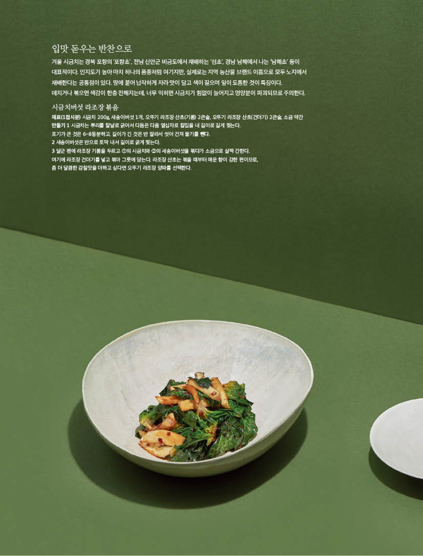  입맛 돋우는 반찬으로

겨울 시금치는 경북 포항의 ‘포항초’, 전남 신안군 비금도에서 재배하는 ‘섬초’, 경남 남해에서 나는 ‘남해초’ 등이 대표적이다. 인지도가 높아 마치 하나의 품종처럼 여기지만, 실제로는 지역 농산물 브랜드 이름으로 모두 노지에서 재배한다는 공통점이 있다. 땅에 붙어 납작하게 자라 맛이 달고 색이 짙으며 잎이 도톰한 것이 특징이다.

데치거나 볶으면 색감이 한층 진해지는데, 너무 익히면 시금치가 힘없이 늘어지고 영양분이 파괴되므로 주의한다.

시금치버섯 라조장 볶음

재료(1접시분) 시금치 200g, 새송이버섯 1개, 오뚜기 라조장 산초(기름) 2큰술, 오뚜기 라조장 산초(건더기) 2큰술, 소금 약간 만들기 1 시금치는 뿌리를 칼날로 긁어서 다듬은 다음 열십자로 칼집을 내 길이로 길게 찢는다.

포기가 큰 것은 6~8등분하고, 길이가 긴 것은 반 잘라서 씻어 건져 물기를 뺀다.

2 새송이버섯은 반으로 토막 내서 길이로 굵게 찢는다.

3 달군 팬에 라조장 기름을 두르고 1의 시금치와 2의 새송이버섯을 볶다가 소금으로 살짝 간한다. 여기에 라조장 건더기를 넣고 볶아 그릇에 담는다. 라조장 산초는 볶을 때부터 매운 향이 강한 편이므로, 좀 더 달큼한 감칠맛을 더하고 싶다면 오뚜기 라조장 양파를 선택한다.

