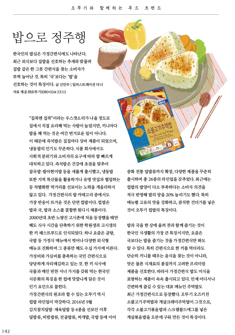 오뚜기와 함께하는 푸드 트렌드

밥으로 정주행



한국인의 밥심은 가정간편식에도 나타난다. 최근 외식보다 집밥을 선호하는 추세와 맞물려 집밥 같은 한 그릇 간편식을 찾는 소비자가 부쩍 늘어난 것. 특히 ‘국’보다는 ‘밥’을 선호하는 것이 특징이다.

글 신민주 | 일러스트레이션 다나 자료 제공 (주)오뚜기(080-024-2311)



“집콕엔 집쿡”이라는 우스갯소리가 나올 정도로 집에서 직접 요리해 먹는 사람이 늘었지만, 끼니마다 밥을 해 먹는 것은 여간 번거로운 일이 아니다.

이 때문에 즉석밥은 집집마다 상비 제품이 되었으며, 냉동밥의 인기도 꾸준하다. 식품 회사에서도 사회적 분위기와 소비자의 요구에 따라 발 빠르게 대처하고 있다. 즉석밥은 건강에 초점을 맞추어 잡곡밥·발아현미밥 등을 새롭게 출시했고, 냉동밥 또한 지역 특산물을 활용하거나 유명 맛집과 협업하는 등 차별화한 먹거리를 선보이는 노력을 게을리하지 않고 있다. 가정간편식의 밥 카테고리 중에서도 가장 반응이 뜨거운 것은 단연 컵밥이다. 컵밥은 밥과 국, 밥과 소스를 결합한 원디시 제품이다. 2000년대 초반 노량진 고시촌에 처음 등장했을 때만 해도 식사 시간을 단축하기 위한 학원생과 고시생의 한 끼 패스트푸드로 인식되었다. 하나 요즘은 곰탕, 국밥 등 가정식 메뉴에서 벗어나 다양한 외식형 메뉴로 진화하며 그 종류만 해도 수십 가지에 이른다. 가성비와 가심비를 충족하는 국민 간편식으로 당당하게 자리매김하고 있는 것. 한 끼 식사에 국물과 메인 반찬 서너가지를 갖춰먹는 한국인 식문화의 특징을 한 컵에 맛깔나게 담은 것이인기 요인으로 꼽힌다.

가정간편식의 원조라 할 수 있는 오뚜기 역시 컵밥 라인업이 막강하다. 2016년 9월 김치참치덮밥·제육덮밥 등 6종을 선보인 이후 덮밥류, 비빔밥류, 전골밥류, 찌개밥, 국밥 등에 이어 중화 전통 덮밥류까지 확장, 다양한 제품을 꾸준히 출시하며 총 26종의 라인업을 갖추었다. 최근에는 컵밥의 밥양이 다소 부족하다는 소비자 의견을 적극반영해밥의양을20%늘리기도했다.특히 메뉴별 고유의 맛을 강화하고, 큼직한 건더기를 넣은 것이 오뚜기 컵밥의 특징이다.

밥과 국을 한 상에 올려 찬과 함께 즐기는 것이 한국인 식생활의 가장 큰 특징이지만, 요즘은 국보다는 밥을 즐기는 것을 가정간편식만 봐도 알 수 있다. 특히 간편식으로 한 끼를 먹더라도 단순히 끼니를 때우는 음식을 찾는 것이 아니라, 맛은 물론 식재료의 품질까지 고려한 프리미엄 제품을 선호한다. 따라서 가정간편식 밥도 미식을 표방하는 제품이 속속 출시되고 있다. 언제 어디서나 간편하게즐길수있는대표메뉴인주먹밥도 최근 가정간편식으로 등장했다. 오뚜기 오즈키친 소불고기주먹밥과 게살크래미주먹밥이 그것으로, 각각 소불고기볶음밥과 스크램블드에그를 넣은 게살볶음밥을 오븐에 구워 만든 것이 특징이다.

