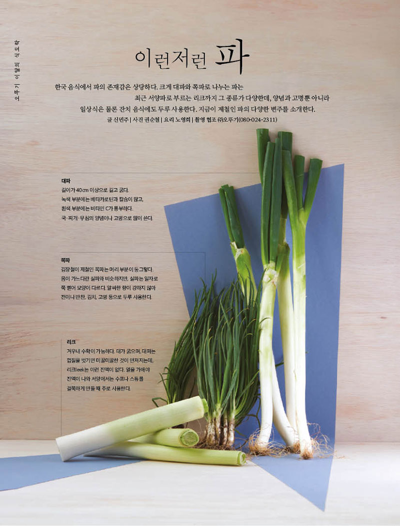 행복이 가득한 집 12월



이런저런 파

한국 음식에서 파의 존재감은 상당하다. 크게 대파와 쪽파로 나누는 파는 최근 서양파로 부르는 리크까지 그 종류가 다양한데, 양념과 고명뿐 아니라

일상식은 물론 잔치 음식에도 두루 사용한다. 지금이 제철인 파의 다양한 변주를 소개한다. 글 신민주 | 사진 권순철 | 요리 노영희 | 촬영 협조 (주)오뚜기(080-024-2311)



대파

길이가 40cm 이상으로 길고 굵다.녹색 부분에는 베타카로틴과 칼슘이 많고, 흰색 부분에는 비타민 C가 풍부하다. 국·찌개·무침의 양념이나 고명으로 많이 쓴다.



쪽파

김장철이 제철인 쪽파는 머리 부분이 둥그렇다. 몸이 가느다란 실파와 비슷하지만, 실파는 일자로 쭉뻗어모양이다르다.알싸한향이강하지않아 전이나 반찬, 김치, 고명 등으로 두루 사용한다.



리크

겨우내 수확이 가능하다. 대가 굵으며, 대파는 껍질을 벗기면 미끌미끌한 것이 만져지는데, 리크leek는 이런 진액이 없다. 열을 가해야 진액이 나와 서양에서는 수프나 스튜를 걸쭉하게 만들 때 주로 사용한다.