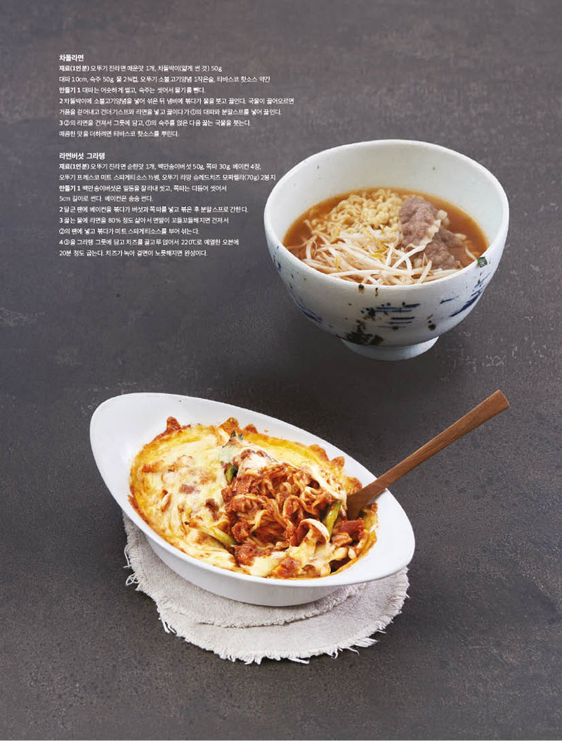 
차돌라면

재료(1인분) 오뚜기 진라면 매운맛 1개, 차돌박이(얇게 썬 것) 50g,

대파 10cm, 숙주 50g, 물 23/4컵, 오뚜기 소불고기양념 1작은술, 타바스코 핫소스 약간

만들기

1 대파는 어슷하게 썰고, 숙주는 씻어서 물기를 뺀다.

2 차돌박이에 소불고기양념을 넣어 섞은 뒤 냄비에 볶다가 물을 붓고 끓인다. 국물이 끓어오르면 거품을 걷어내고 건더기스프와 라면을 넣고 끓이다가 1의 대파와 분말스프를 넣어 끓인다.

3 2의 라면을 건져서 그릇에 담고, 1의 숙주를 얹은 다음 끓는 국물을 붓는다.

매콤한 맛을 더하려면 타바스코 핫소스를 뿌린다.





라면버섯 그라탱

재료(1인분) 오뚜기 진라면 순한맛 1개, 백만송이버섯 50g, 쪽파 30g, 베이컨 4장, 오뚜기 프레스코 미트 스파게티소스 1 2병, 오뚜기 라망 슈레드치즈 모짜렐라(70g) 2봉지

만들기

1 백만송이버섯은 밑동을 잘라내 씻고, 쪽파는 다듬어 씻어서

5cm 길이로 썬다. 베이컨은 송송 썬다.

2 달군 팬에 베이컨을 볶다가 버섯과 쪽파를 넣고 볶은 후 분말스프로 간한다.

3 끓는 물에 라면을 80% 정도 삶아서 면발이 꼬들꼬들해지면 건져서

2의 팬에 넣고 볶다가 미트 스파게티소스를 부어 섞는다.

4 3을 그라탱 그릇에 담고 치즈를 골고루 얹어서 220°C로 예열한 오븐에

20분 정도 굽는다. 치즈가 녹아 겉면이 노릇해지면 완성이다.

