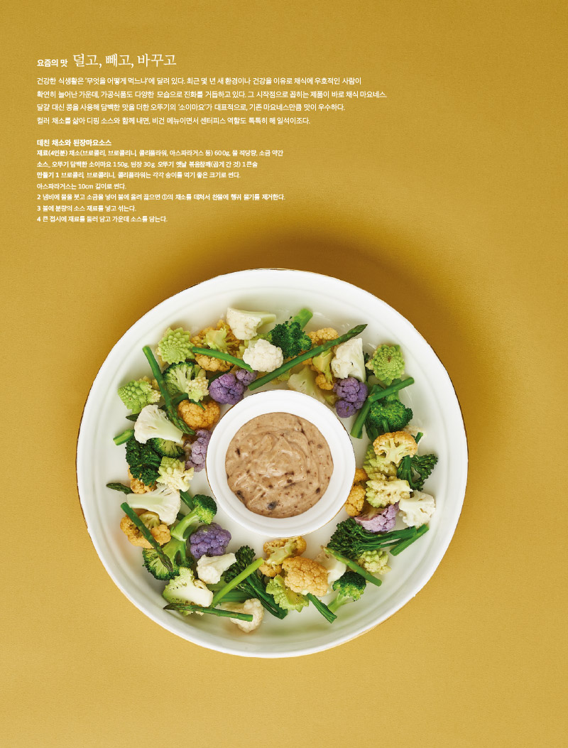 요즘의 맛 덜고, 빼고, 바꾸고

건강한 식생활은 ‘무엇을 어떻게 먹느냐’에 달려 있다. 최근 몇 년 새 환경이나 건강을 이유로 채식에 우호적인 사람이 확연히 늘어난 가운데, 가공식품도 다양한 모습으로 진화를 거듭하고 있다. 그 시작점으로 꼽히는 제품이 바로 채식 마요네스. 달걀 대신 콩을 사용해 담백한 맛을 더한 오뚜기의 ‘소이마요’가 대표적으로, 기존 마요네스만큼 맛이 우수하다.

컬러 채소를 삶아 디핑 소스와 함께 내면, 비건 메뉴이면서 센터피스 역할도 톡톡히 해 일석이조다.



데친 채소와 된장마요소스

재료(4인분) 

채소(브로콜리, 브로콜리니, 콜리플라워, 아스파라거스 등) 600g, 물 적당량, 소금 약간

소스_ 오뚜기 담백한 소이마요 150g, 된장 30g, 오뚜기 옛날 볶음참깨(곱게 간 것) 1큰술

만들기 

1 브로콜리, 브로콜리니, 콜리플라워는 각각 송이를 먹기 좋은 크기로 썬다.

아스파라거스는 10cm 길이로 썬다.

2 냄비에 물을 붓고 소금을 넣어 불에 올려 끓으면 ①의 채소를 데쳐서 찬물에 헹궈 물기를 제거한다.

3 볼에 분량의 소스 재료를 넣고 섞는다.

4 큰 접시에 재료를 둘러 담고 가운데 소스를 담는다.