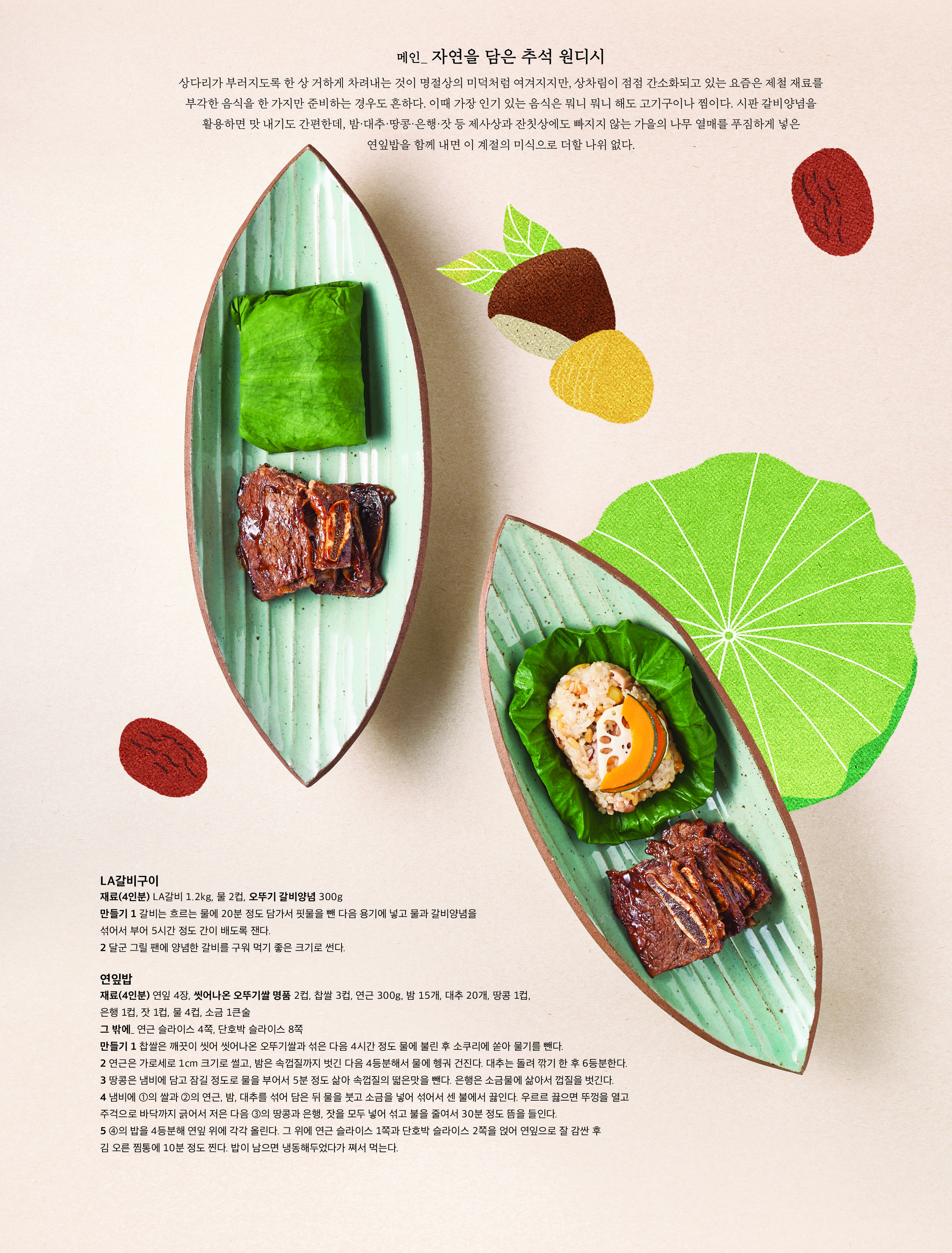 메인 _ 자연을 담은 추석 원디시



상다리가 부러지도록 한 상 거하게 차려내는 것이 명절상의 미덕처럼 여겨지지만 , 상차림이 점점 간소화되고 있는 요즘은 제철 재료를 부각한 음식을 한 가지만 준비하는 경우도 흔하다 . 이때 가장 인기 있는 음식은 뭐니 뭐니 해도 고기구이나 찜이다 . 시판 갈비양념을 활용하면 맛 내기도 간편한데 , 밤 · 대추 · 땅콩 · 은행 · 잣 등 제사상과 잔칫상에도 빠지지 않는 가을의 나무 열매를 푸짐하게 넣은 연잎밥을 함께 내면 이 계절의 미식으로 더할 나위 없다 .



LA 갈비구이

재료 (4 인분 ) LA 갈비 1.2kg, 물 2 컵 , 오뚜기 갈비양념 300g

만들기 1 갈비는 흐르는 물에 20 분 정도 담가서 핏물을 뺀 다음 용기에 넣고 물과 갈비양념을 섞어서 부어 5 시간 정도 간이 배도록 잰다 .

2 달군 그릴 팬에 양념한 갈비를 구워 먹기 좋은 크기로 썬다 .



연잎밥

재료 (4 인분 ) 연잎 4 장 , 씻어나온 오뚜기쌀 명품 2 컵 , 찹쌀 3 컵 , 연근 300g, 밤 15 개 , 대추 20 개 , 땅콩 1 컵 , 은행 1 컵 , 잣 1 컵 , 물 4 컵 , 소금 1 큰술

그 밖에 _ 연근 슬라이스 4 쪽 , 단호박 슬라이스 8 쪽

만들기 1 찹쌀은 깨끗이 씻어 씻어나온 오뚜기쌀과 섞은 다음 4 시간 정도 물에 불린 후 소쿠리에 쏟아 물기를 뺀다 .

2 연근은 가로세로 1cm 크기로 썰고 , 밤은 속껍질까지 벗긴 다음 4 등분해서 물에 헹궈 건진다 . 대추는 돌려 깎기 한 후 6 등분한다 .

3 땅콩은 냄비에 담고 잠길 정도로 물을 부어서 5 분 정도 삶아 속껍질의 떫은맛을 뺀다 . 은행은 소금물에 삶아서 껍질을 벗긴다 .

4 냄비에 ① 의 쌀과 ② 의 연근 , 밤 , 대추를 섞어 담은 뒤 물을 붓고 소금을 넣어 섞어서 센 불에서 끓인다 . 우르르 끓으면 뚜껑을 열고 주걱으로 바닥까지 긁어서 저은 다음 ③ 의 땅콩과 은행 , 잣을 모두 넣어 섞고 불을 줄여서 30 분 정도 뜸을 들인다 .

5 ④ 의 밥을 4 등분해 연잎 위에 각각 올린다 . 그 위에 연근 슬라이스 1 쪽과 단호박 슬라이스 2 쪽을 얹어 연잎으로 잘 감싼 후 김 오른 찜통에 10 분 정도 찐다 . 밥이 남으면 냉동해두었다가 쪄서 먹는다 .