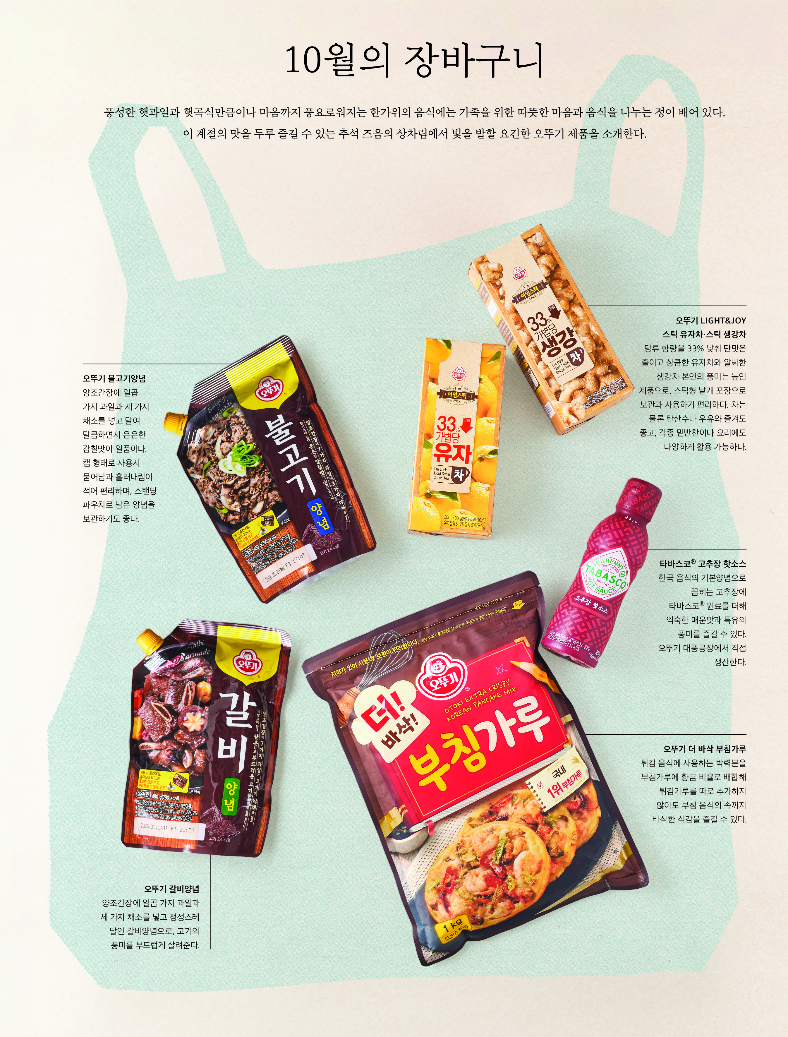 10 월의 장바구니



풍성한 햇과일과 햇곡식만큼이나 마음까지 풍요로워지는 한가위의 음식에는 가족을 위한 따뜻한 마음과 음식을 나누는 정이 배어 있다 . 이 계절의 맛을 두루 즐길 수 있는 추석 즈음의 상차림에서 빛을 발할 요긴한 오뚜기 제품을 소개한다 .  



오뚜기 불고기양념

양조간장에 일곱 가지 과일과 세 가지 채소를 넣고 달여 달큼하면서 은은한 감칠맛이 일품이다 . 캡 형태로 사용시 묻어남과 흘러내림이 적어 편리하며 , 스탠딩 파우치로 남은 양념을 보관하기도 좋다 .



오뚜기 LIGHT&JOY 스틱 유자차 · 스틱 생강차

당류 함량을 33% 낮춰 단맛은 줄이고 상큼한 유자차와 알싸한 생강차 본연의 풍미는 높인 제품으로 , 스틱형 낱개 포장으로 보관과 사용하기 편리하다 . 차는 물론 탄산수나 우유와 즐겨도 좋고 , 각종 밑반찬이나 요리에도 다양하게 활용 가능하다 .



타바스코 Ⓡ 고추장 핫소스

한국 음식의 기본양념으로 꼽히는 고추장에 타바스코 Ⓡ 원료를 더해 익숙한 매운맛과 특유의 풍미를 즐길 수 있다 . 오뚜기 대풍공장에서 직접 생산한다 .



오뚜기 더 바삭 부침가루

튀김 음식에 사용하는 박력분을 부침가루에 황금 비율로 배합해 튀김가루를 따로 추가하지 않아도 부침 음식의 속까지 바삭한 식감을 즐길 수 있다 .



오뚜기 갈비양념

양조간장에 일곱 가지 과일과 세 가지 채소를 넣고 정성스레 달인 갈비양념으로 , 고기의 풍미를 부드럽게 살려준다 .

