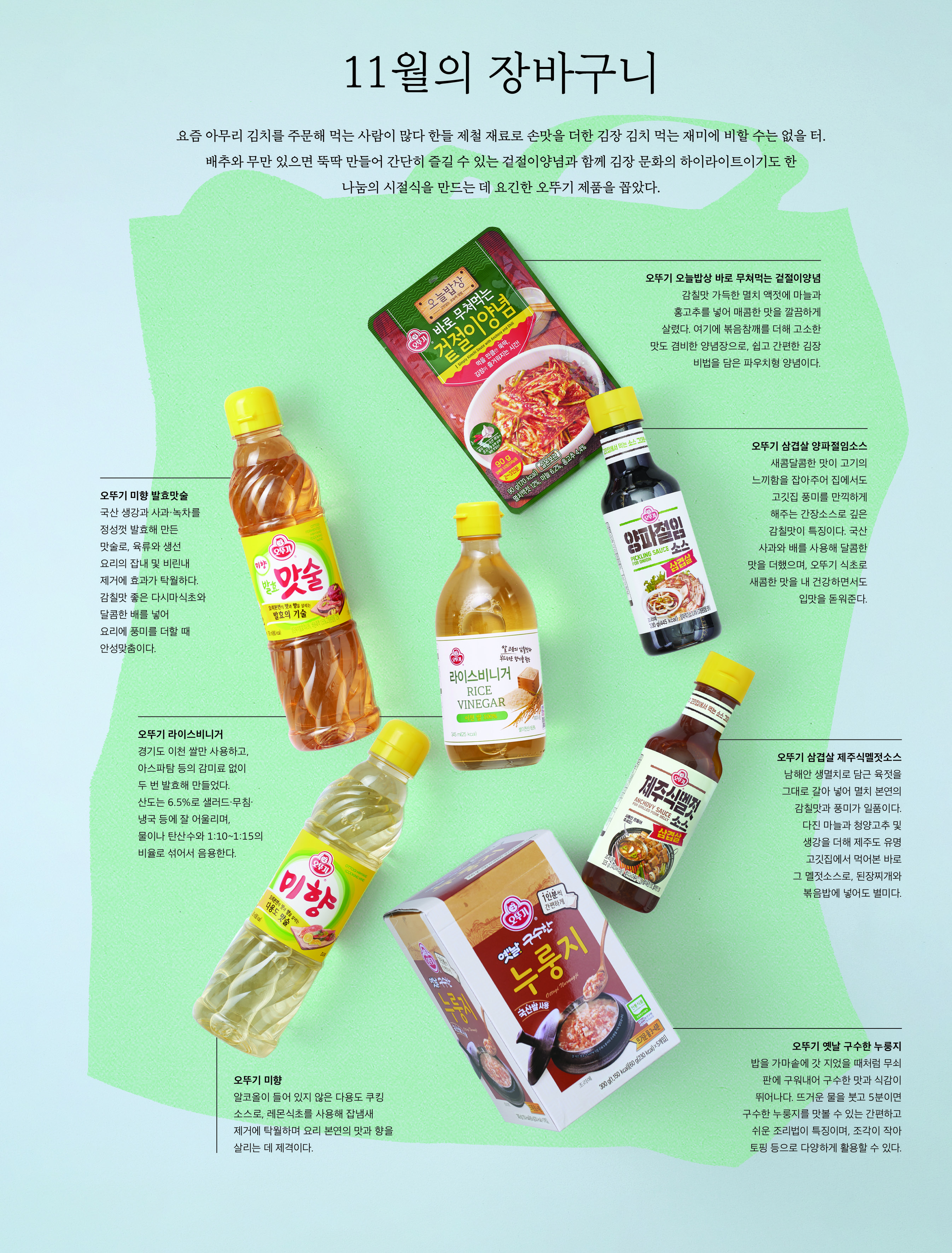 11월의 장바구니 

요즘 아무리 김치를 주문해 먹는 사람이 많다 한들 제철 재료로 손맛을 더한 김장 김치 먹는 재미에 비할 수는 없을 터. 
배추와 무만 있으면 뚝딱 만들어 간단히 즐길 수 있는 겉절이양념과 함께 김장 문화의 하이라이트이기도 한 
나눔의 시절식을 만드는 데 요긴한 오뚜기 제품을 꼽았다.

오뚜기 오늘밥상 바로 무쳐먹는 겉절이양념
감칠맛 가득한 멸치 액젓에 마늘과 홍고추를 넣어 매콤한 맛을 깔끔하게 살렸다. 여기에 볶음참깨를 더해 고소한 맛도 겸비한 양념장으로, 쉽고 간편한 김장 비법을 담은 파우치형 양념이다.

오뚜기 미향 발효맛술
국산 생강과 사과·녹차를 정성껏 발효해 만든 맛술로, 육류와 생선 요리의 잡내 및 비린내 제거에 효과가 탁월하다. 감칠맛 좋은 다시마식초와 달콤한 배를 넣어 요리에 풍미를 더할 때 안성맞춤이다. 

오뚜기 삼겹살 양파절임소스
새콤달콤한 맛이 고기의 느끼함을 잡아주어 집에서도 고깃집 풍미를 만끽하게 해주는 간장소스로 깊은 감칠맛이 특징이다. 국산 사과와 배를 사용해 달콤한 맛을 더했으며, 오뚜기 식초로 새콤한 맛을 내 건강하면서도 입맛을 돋워준다.

오뚜기 라이스비니거
경기도 이천 쌀만 사용하고, 아스파탐 등의 감미료 없이 
두 번 발효해 만들었다. 
산도는 6.5%로 샐러드·무침·
냉국 등에 잘 어울리며, 
물이나 탄산수와 1:10~1:15의 비율로 섞어서 음용한다.

오뚜기 삼겹살 제주식멜젓소스
남해안 생멸치로 담근 육젓을 그대로 갈아 넣어 멸치 본연의 감칠맛과 풍미가 일품이다. 
다진 마늘과 청양고추 및 생강을 더해 제주도 유명 고깃집에서 먹어본 바로 
그 멜젓소스로, 된장찌개와 볶음밥에 넣어도 별미다.

오뚜기 미향
알코올이 들어 있지 않은 다용도 쿠킹 소스로, 레몬식초를 사용해 잡냄새 제거에 탁월하며 요리 본연의 맛과 향을 살리는 데 제격이다.

오뚜기 옛날 구수한 누룽지
밥을 가마솥에 갓 지었을 때처럼 무쇠 판에 구워내어 구수한 맛과 식감이 뛰어나다. 뜨거운 물을 붓고 5분이면 구수한 누룽지를 맛볼 수 있는 간편하고 쉬운 조리법이 특징이며, 조각이 작아 토핑 등으로 다양하게 활용할 수 있다.

