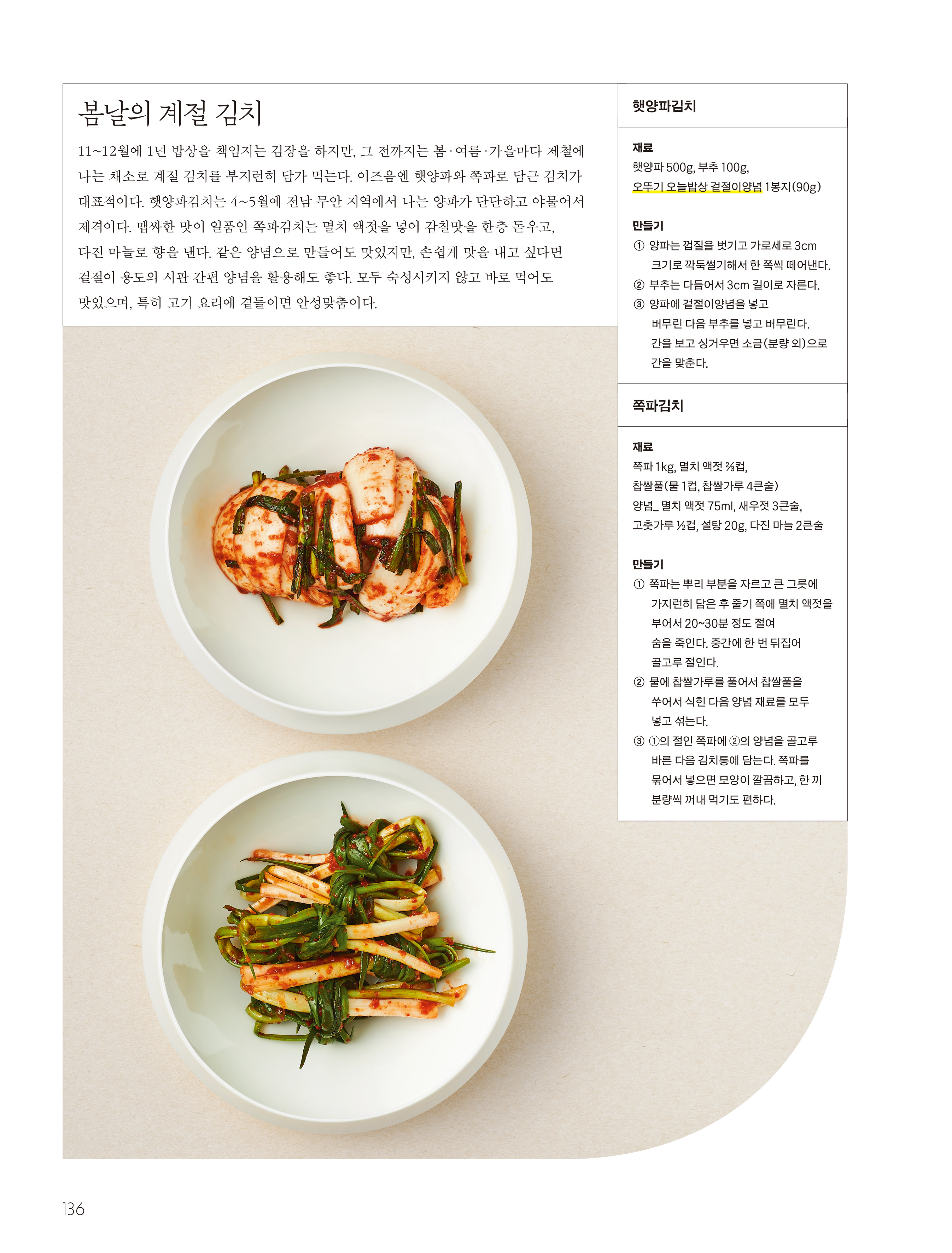 

봄날의 계절 김치

11~12월에 1년 밥상을 책임지는 김장을 하지만, 그 전까지는 봄·여름·가을마다 제철에 나는 채소로 계절 김치를 부지런히 담가 먹는다. 이즈음엔 햇양파와 쪽파로 담근 김치가 대표적이다. 햇양파김치는 4~5월에 전남 무안 지역에서 나는 양파가 단단하고 야물어서 제격이다. 맵싸한 맛이 일품인 쪽파김치는 멸치 액젓을 넣어 감칠맛을 한층 돋우고, 다진 마늘로 향을 낸다. 같은 양념으로 만들어도 맛있지만, 손쉽게 맛을 내고 싶다면 겉절이 용도의 시판 간편 양념을 활용해도 좋다. 모두 숙성시키지 않고 바로 먹어도 맛있으며, 특히 고기 요리에 곁들이면 안성맞춤이다.



햇양파김치

재료
햇양파 500g, 부추 100g, 오뚜기 오늘밥상 겉절이양념 1봉지(90g)

만들기
① 양파는 껍질을 벗기고 가로세로 3cm 크기로 깍둑썰기해서 한 쪽씩 떼어낸다.
② 부추는 다듬어서 3cm 길이로 자른다.
③ 양파에 겉절이양념을 넣고 버무린 다음 부추를 넣고 버무린다. 간을 보고 싱거우면 소금(분량 외)으로 간을 맞춘다.



쪽파김치

재료
쪽파 1kg, 멸치 액젓 ⅔컵, 찹쌀풀(물 1컵, 찹쌀가루 4큰술)
양념_ 멸치 액젓 75ml, 새우젓 3큰술, 고춧가루 ½컵, 설탕 20g, 다진 마늘 2큰술

만들기
① 쪽파는 뿌리 부분을 자르고 큰 그릇에 가지런히 담은 후 줄기 쪽에 멸치 액젓을 부어서 20~30분 정도 절여 숨을 죽인다. 중간에 한 번 뒤집어 골고루 절인다.
② 물에 찹쌀가루를 풀어서 찹쌀풀을 쑤어서 식힌 다음 양념 재료를 모두 넣고 섞는다.
③ ①의 절인 쪽파에 ②의 양념을 골고루 바른 다음 김치통에 담는다. 쪽파를 묶어서 넣으면 모양이 깔끔하고, 한 끼 분량씩 꺼내 먹기도 편하다.

