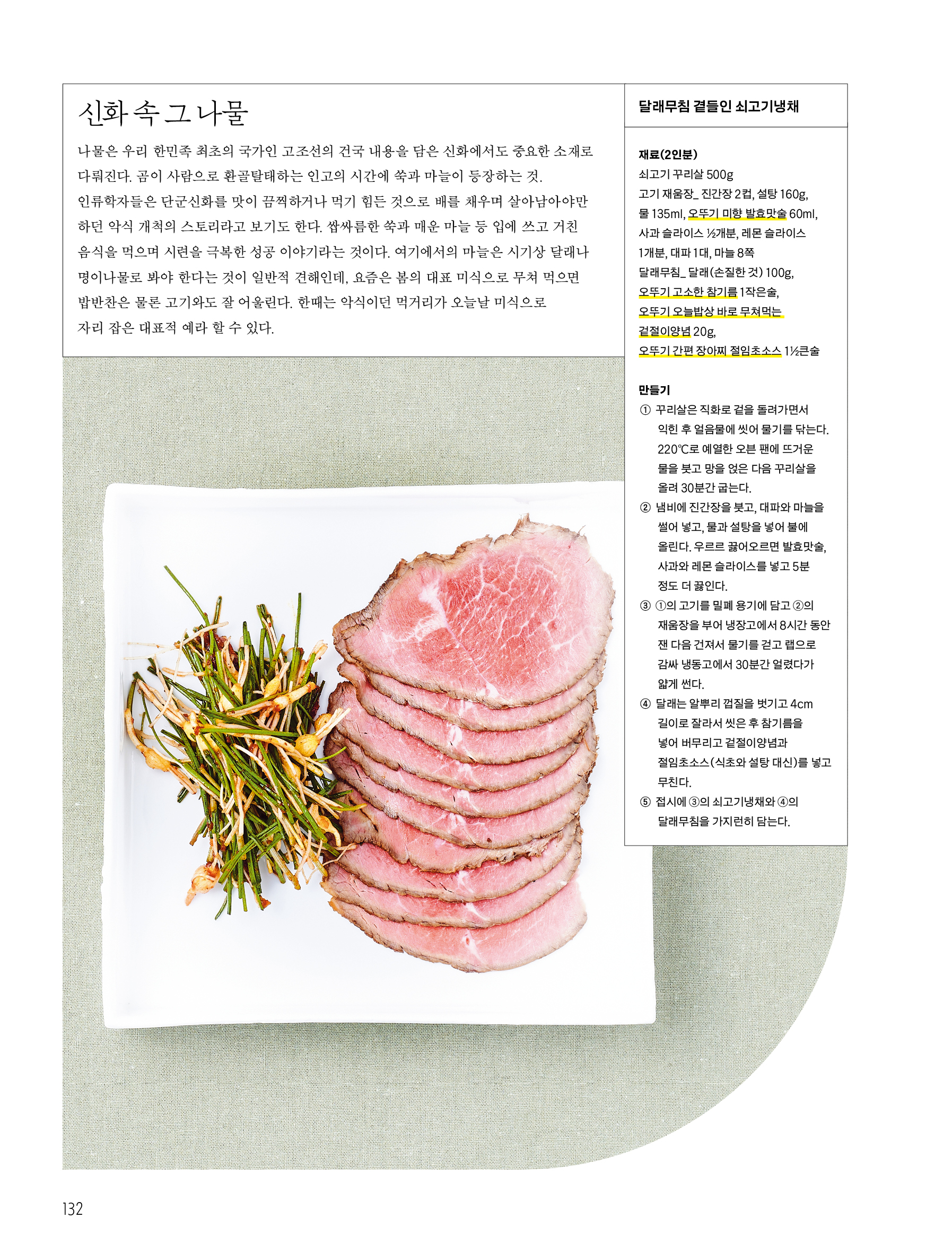 신화 속 그 나물



나물은 우리 한민족 최초의 국가인 고조선의 건국 내용을 담은 신화에서도 중요한 소재로 다뤄진다. 곰이 사람으로 환골탈태하는 인고의 시간에 쑥과 마늘이 등장하는 것. 인류학자들은 단군신화를 맛이 끔찍하거나 먹기 힘든 것으로 배를 채우며 살아남아야만 하던 악식 개척의 스토리라고 보기도 한다. 쌉싸름한 쑥과 매운 마늘 등 입에 쓰고 거친 음식을 먹으며 시련을 극복한 성공 이야기라는 것이다.

여기에서의 마늘은 시기상 달래나 명이나물로 봐야 한다는 것이 일반적 견해인데, 요즘은 봄의 대표 미식으로 무쳐 먹으면 밥반찬은 물론 고기와도 잘 어울린다. 한때는 악식이던 먹거리가 오늘날 미식으로 자리 잡은 대표적 예라 할 수 있다.



달래무침 곁들인 쇠고기냉채

재료(2인분)

쇠고기 꾸리살 500g

고기 재움장_ 진간장 2컵, 설탕 160g, 물 135ml, 오뚜기 미향 발효맛술 60ml, 사과 슬라이스 ½개분, 레몬 슬라이스 1개분, 대파 1대, 마늘 8쪽

달래무침_ 달래(손질한 것) 100g, 오뚜기 고소한 참기름 1작은술, 오뚜기 오늘밥상 바로 무쳐먹는 겉절이양념 20g, 오뚜기 간편 장아찌 절임초소스 1½큰술



만들기

① 꾸리살은 직화로 겉을 돌려가면서 익힌 후 얼음물에 씻어 물기를 닦는다. 220℃로 예열한 오븐 팬에 뜨거운 물을 붓고 망을 얹은 다음 꾸리살을 올려 30분간 굽는다.

② 냄비에 진간장을 붓고 대파와 마늘을 썰어 넣고 물과 설탕을 넣어 불에 올린다. 우르르 끓어오르면 발효맛술, 사과와 레몬 슬라이스를 넣고 5분 정도 더 끓인다.

③ ①의 고기를 밀폐 용기에 담고 ②의 재움장을 부어 냉장고에서 8시간 동안 잰 다음 건져서 물기를 걷고 랩으로 감싸 냉동고에서 30분간 얼렸다가 얇게 썬다.

④ 달래는 알뿌리 껍질을 벗기고 4cm 길이로 잘라서 씻은 후 참기름을 넣어 버무리고 겉절이양념과 절임초소스(식초와 설탕 대신)를 넣고 무친다.

⑤ 접시에 ③의 쇠고기냉채와 ④의 달래무침을 가지런히 담는다.