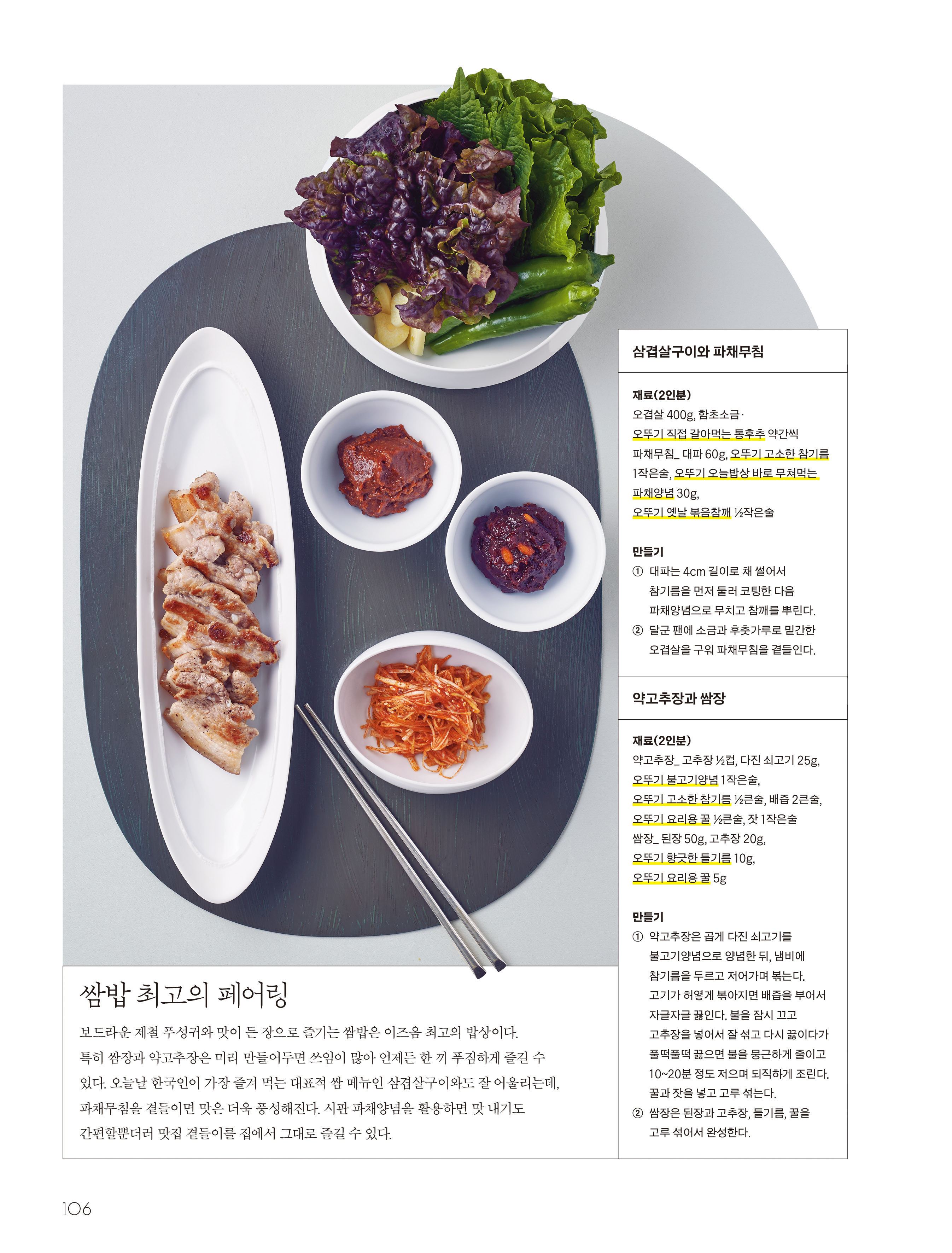 쌈밥 최고의 페어링

보드라운 제철 푸성귀와 맛이 든 장으로 즐기는 쌈밥은 이즈음 최고의 밥상이다. 특히 쌈장과 약고추장은 미리 만들어두면 쓰임이 많아 언제든 한 끼 푸짐하게 즐길 수 있다. 오늘날 한국인이 가장 즐겨 먹는 대표적 쌈 메뉴인 삼겹살구이와도 잘 어울리는데, 파채무침을 곁들이면 맛은 더욱 풍성해진다. 시판 파채양념을 활용하면 맛 내기도 간편할뿐더러 맛집 곁들이를 집에서 그대로 즐길 수 있다.


삼겹살구이와 파채무침

재료(2인분)
오겹살 400g, 함초소금·오뚜기 직접 갈아먹는 통후추 약간씩
파채무침_ 대파 60g, 오뚜기 고소한 참기름 1작은술, 오뚜기 오늘밥상 바로 무쳐먹는 파채양념 30g, 오뚜기 옛날 볶음참깨 ½작은술

만들기
① 대파는 4cm 길이로 채 썰어서 참기름을 먼저 둘러 코팅한 다음 파채양념으로 무치고 참깨를 뿌린다.
② 달군 팬에 소금과 후춧가루로 밑간한 오겹살을 구워 파채무침을 곁들인다.



약고추장과 쌈장

재료(2인분)
약고추장_ 고추장 ½컵, 다진 쇠고기 25g, 오뚜기 불고기양념 1작은술, 오뚜기 고소한 참기름 ½큰술, 배즙 2큰술, 오뚜기 요리용 꿀 ½큰술, 잣 1작은술
쌈장_ 된장 50g, 고추장 20g, 오뚜기 향긋한 들기름 10g, 오뚜기 요리용 꿀 5g

만들기
① 약고추장은 곱게 다진 쇠고기를 불고기양념으로 양념한 뒤, 냄비에 참기름을 두르고 저어가며 볶는다. 고기가 허옇게 볶아지면 배즙을 부어서 자글자글 끓인다. 불을 잠시 끄고 고추장을 넣어서 잘 섞고 다시 끓이다가 풀떡풀떡 끓으면 불을 뭉근하게 줄이고 10~20분 정도 저으며 되직하게 조린다. 꿀과 잣을 넣고 고루 섞는다.
② 쌈장은 된장과 고추장, 들기름, 꿀을 고루 섞어서 완성한다.