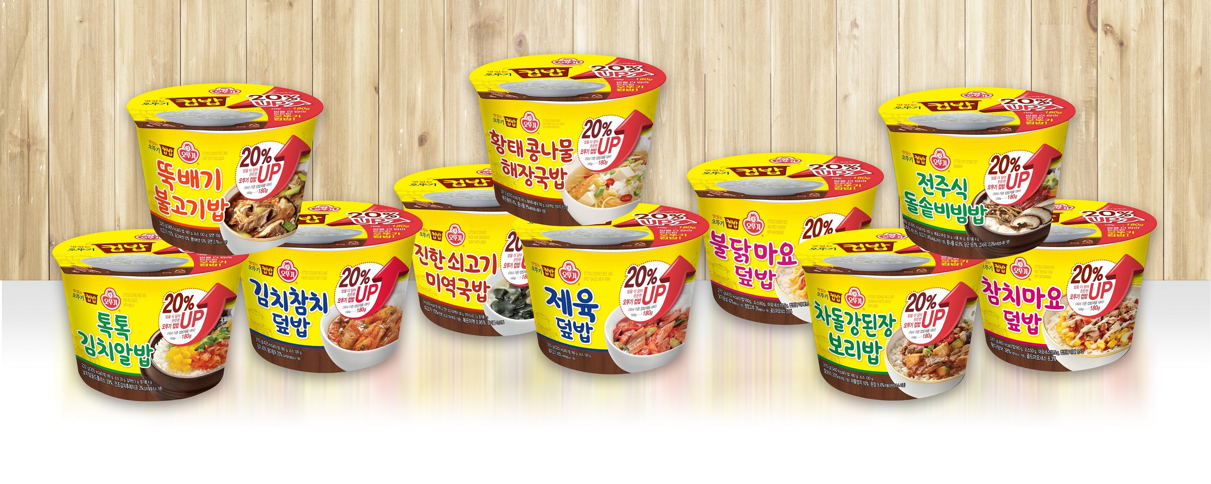 오뚜기 뚝배기 불고기밥, 톡톡 김치알밥, 김치참치 알밥, 진한 쇠고기 미역국밥, 황태콩나물 해장국밥, 제육덮밥, 불닭마요 덮밥, 차돌강된장 보리밥, 전주식 돌솥비빔밥, 참치마요 덮밥