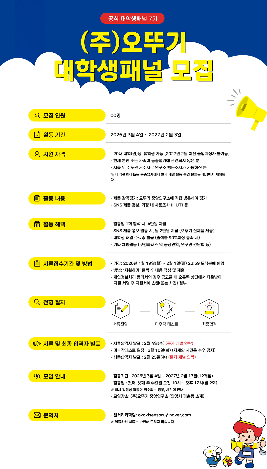  공식 대학생 패널 7기 
    (주) 오뚜기 대학생패널 모집
    모집인원 00명
    활동기간 2026년 3월 4일 ~ 2027년 2월 3일
    지원 자격
    - 20대 대학(원)생, 휴학생 가능 (2027년 2월 이전 졸업예정자 불가능)
    - 현재 본인 또는 가족이 동종업계에 관련되지 않은 분
    - 서울 및 수도권 거주자로 연구소 방문조사가 가능하신 분
    ※ 타 식품회사 또는 동종업계에서 현재 패널 활동 중인 분들은 대상에서 제외됩니다.
    활동 내용
    - 제품 감각평가: 오뚜기 중앙연구소에 직접 방문하여 평가
    - SNS 제품 홍보, 가정 내 사용조사 (HUT) 등
    활동 혜택
    - 활동일 1회 참석 시, 4만원 지급
    - SNS 제품 홍보 활동 시, 월 2만원 지급 (오뚜기 신제품 제공)
    - 대학생 패널 수료증 발급 (출석률 90%이상 충족 시)
    - 기타 체험활동 (쿠킹클래스 및 공장견학, 연구원 간담회 등)
    서류접수기간 및 방법
    - 기간: 2026년 1월 19일(월) ~ 2월 1일(일) 23:59 도착분에 한함
    - 방법: '지원하기' 클릭 후 내용 작성 및 제출
    - 개인정보처리 동의서의 경우 공고글 내 오른쪽 상단에서 다운받아
      자필 서명 후 지원서에 스캔(또는 사진) 첨부
    전형 절차<br> : 서류전형 , 미후각 테스트, 최종합격
    서류 및 최종 합격자 발표
    - 서류합격자 발표 : 2월 4일(수) (문자 개별 연락)
    - 미후각테스트 일정 : 2월 10일(화) (자세한 시간은 추후 공지)
    - 최종합격자 발표 : 2월 25일(수) (문자 개별 연락)
    모임 안내
    - 활동기간 : 2026년 3월 4일 ~ 2027년 2월 17일(12개월)
    - 활동일 : 첫째, 셋째 주 수요일 오전 10시 ~ 오후 12시(월 2회)
    ※ 회사 일정상 활동이 취소되는 경우, 사전에 안내
    - 모임장소: (주)오뚜기 중앙연구소 (안양시 평촌동 소재)
    문의처
    - 센서리과학팀: okokisensory@naver.com
    ※ 제출하신 서류는 반환해 드리지 않습니다.